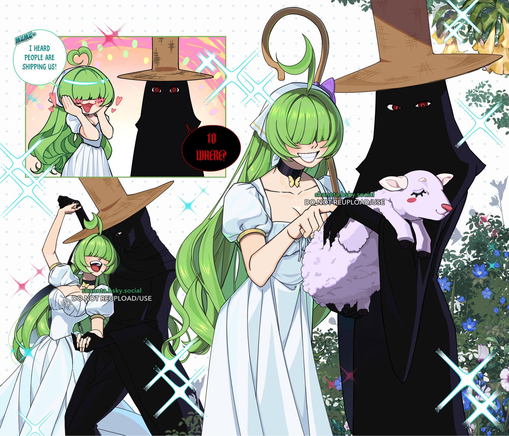 Three drawings of Yume (an original character) and Imu (from One Piece). Yume is a green-haired girl with long hair and long bangs covering her eyes. She is wearing a simple black choker with a golden butterfly pendant, a white milk maid-style dress and head scarf with gold accents.  Imu is a shadow figure with only his red eyes visible to the viewer. Imu is notably wearing a straw hat with wide brim and tall crown. In one of the drawings, Imu is holding a purple sheep, which as snuggled comfortably in his arms, while Yume is grinning and scratching its back with her finger. In another, the two of them are dancing with Yume looking up at Imu with a wide smile. Finally, a 1-panel comic features Yume covers her cheeks with her hands as her face blushes a bright pink hue with hearts floating around her face, while Imu stares at the viewer. The text reads: “Mumu, I heard people are shipping us!” Yume exclaims. “To where?” Imu asked, ominously.