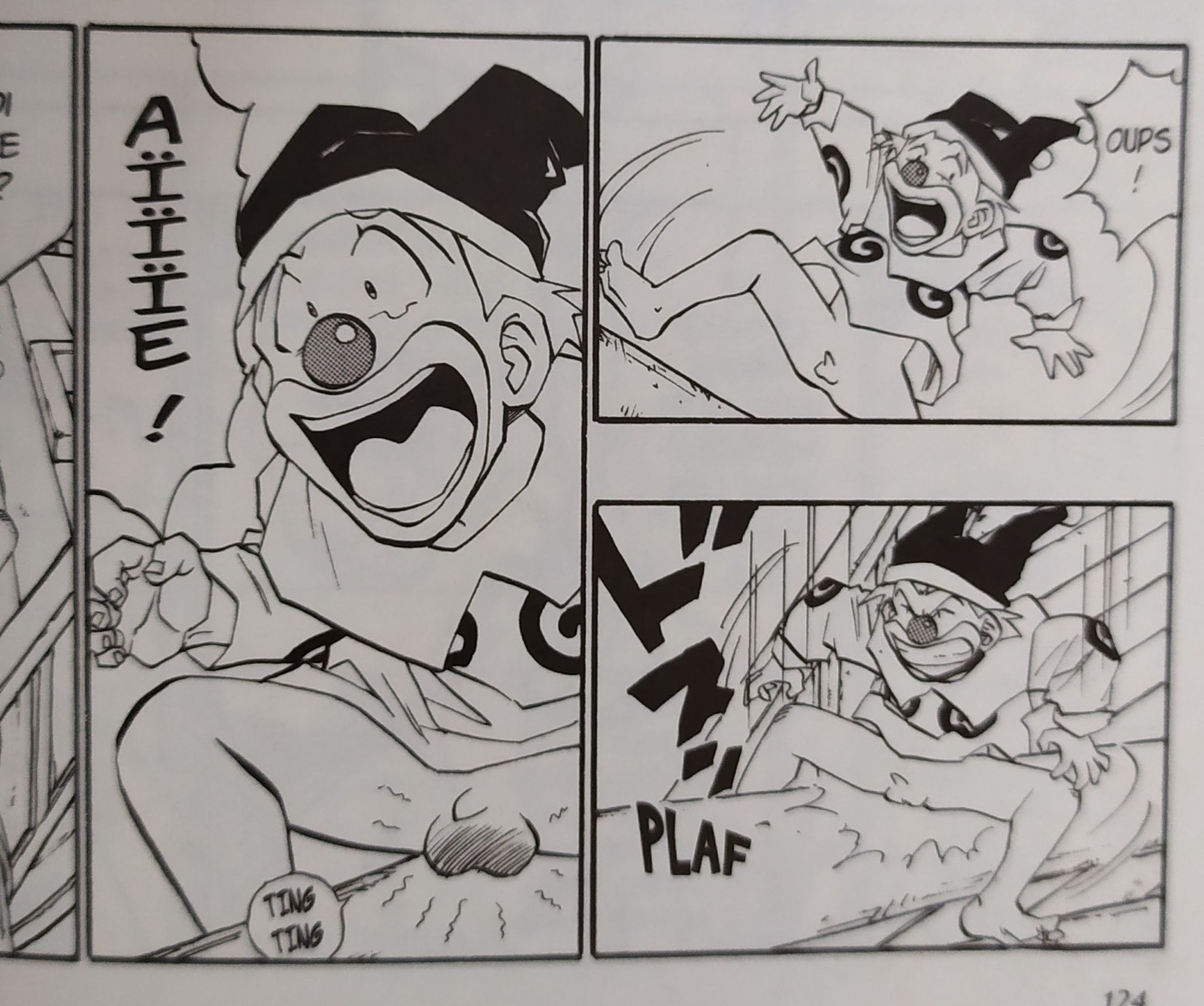 Un extrait du manga Dragon Quest Emblem of Roto dans lequel un personnage en habits de clown s'explose les testicules sur une poutre en bois.