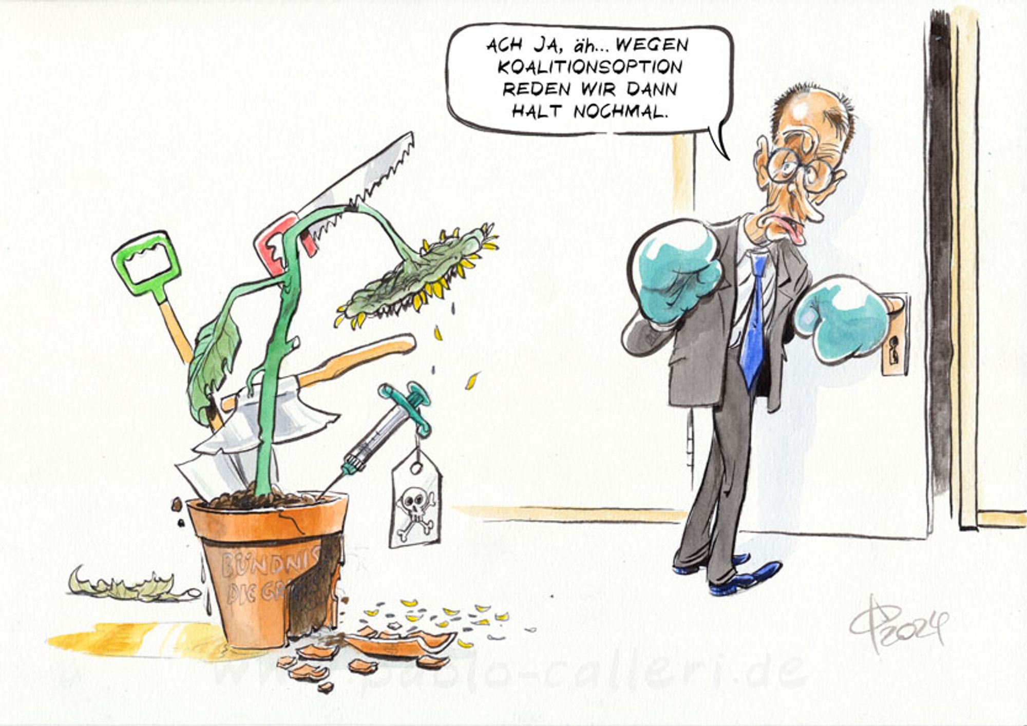 Karikatur. Friedrich Merz ist dabei einen Raum zu verlassen. Er trägt türkisfarbene Boxhandschuhe. Er spricht zu einer Sonnenblume in Blumentopf. Sie sieht sehr mitgenommen aus, Eine Säge, ein Beil und eine Giftspritze sind zu erkennen. Merz spricht zur Pflanze: "Ach ja, äh... wegen Koalitionsoption reden wir dann halt nochmal."