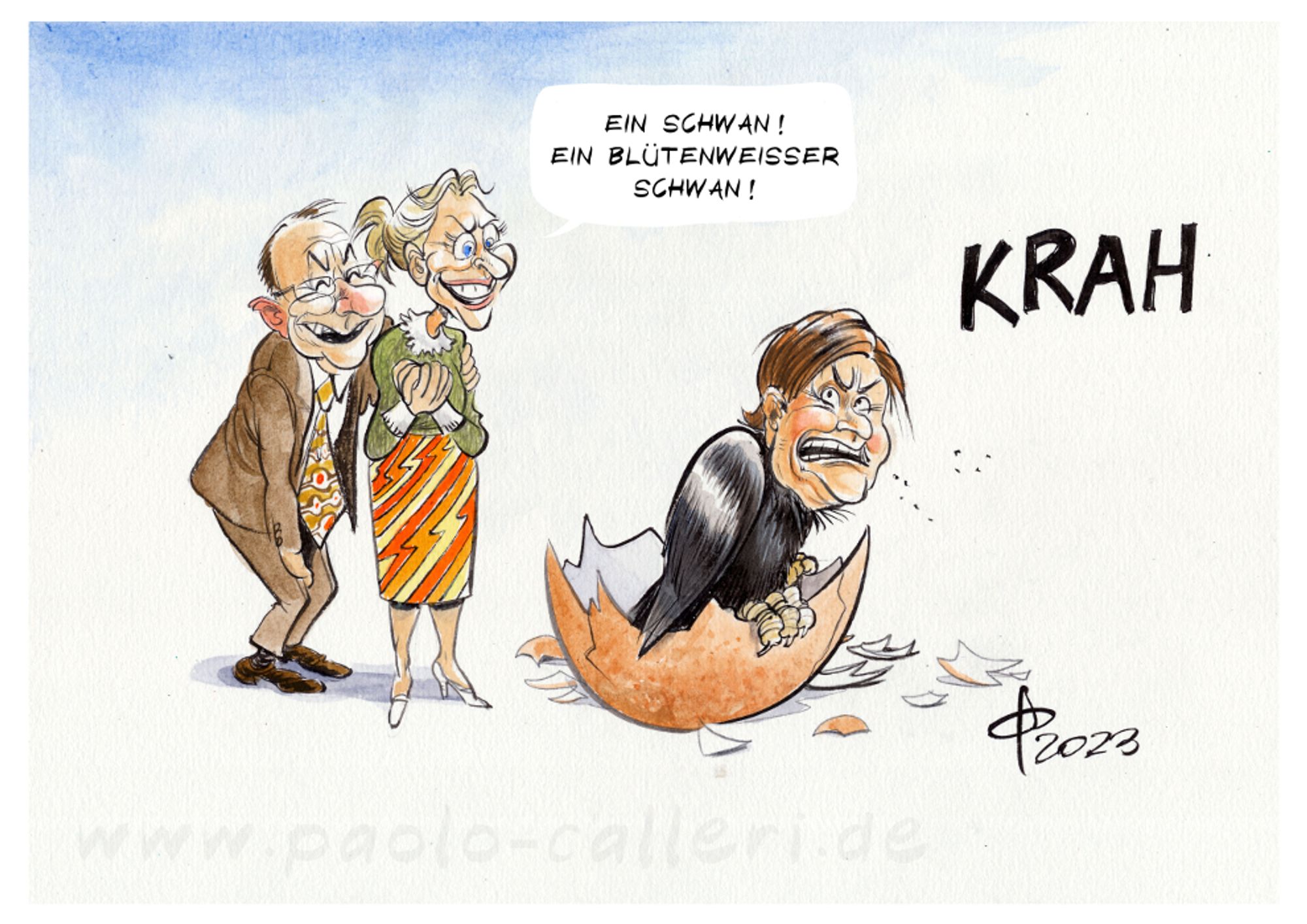 Karikatur. Chrupalla und Weidel von der AfD stehen entzückt vor einer großen aufgebrochenen Eierschalenhälfte. Aus diesem Ei ist ein schwarzer Vogel mit dem Kopf des AfD-Politikers Maximilian Krah entschlüpft. Dieser krächzt laut: KRAH. Weidel spricht: Ein Schwan! Ein blütenweißer Schwan!