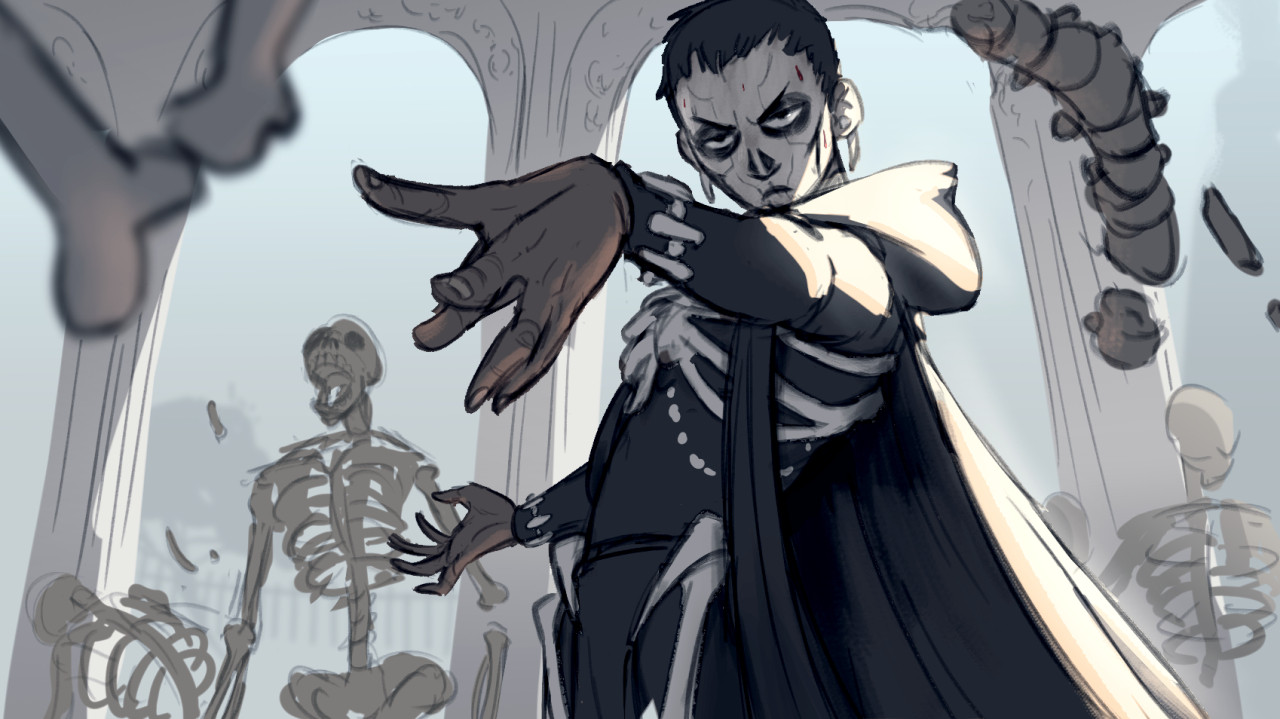 A sketch drawing of Harrowhark Nonagesimus from the The Locked Tomb series. In a medium shot, she is standing imperiously, one hand outstretched toward the viewer, the other in a mage's summoning position as she summons skeletons to fight.