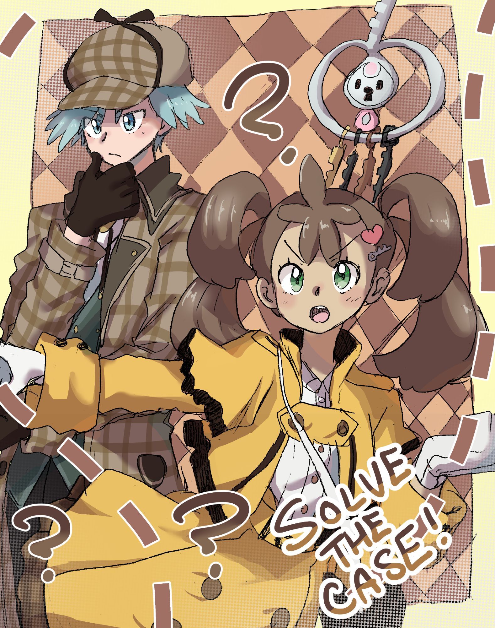 Digitally colored image of Steven and Shauna in their alternate costumes from Pokemon Masters EX. Shauna looks determined, with her Klefki floating above her head, while Steven is behind her, looking deep in thought. The words "Solve the Case!" are written on the image, alluding to the game event's name and theme.