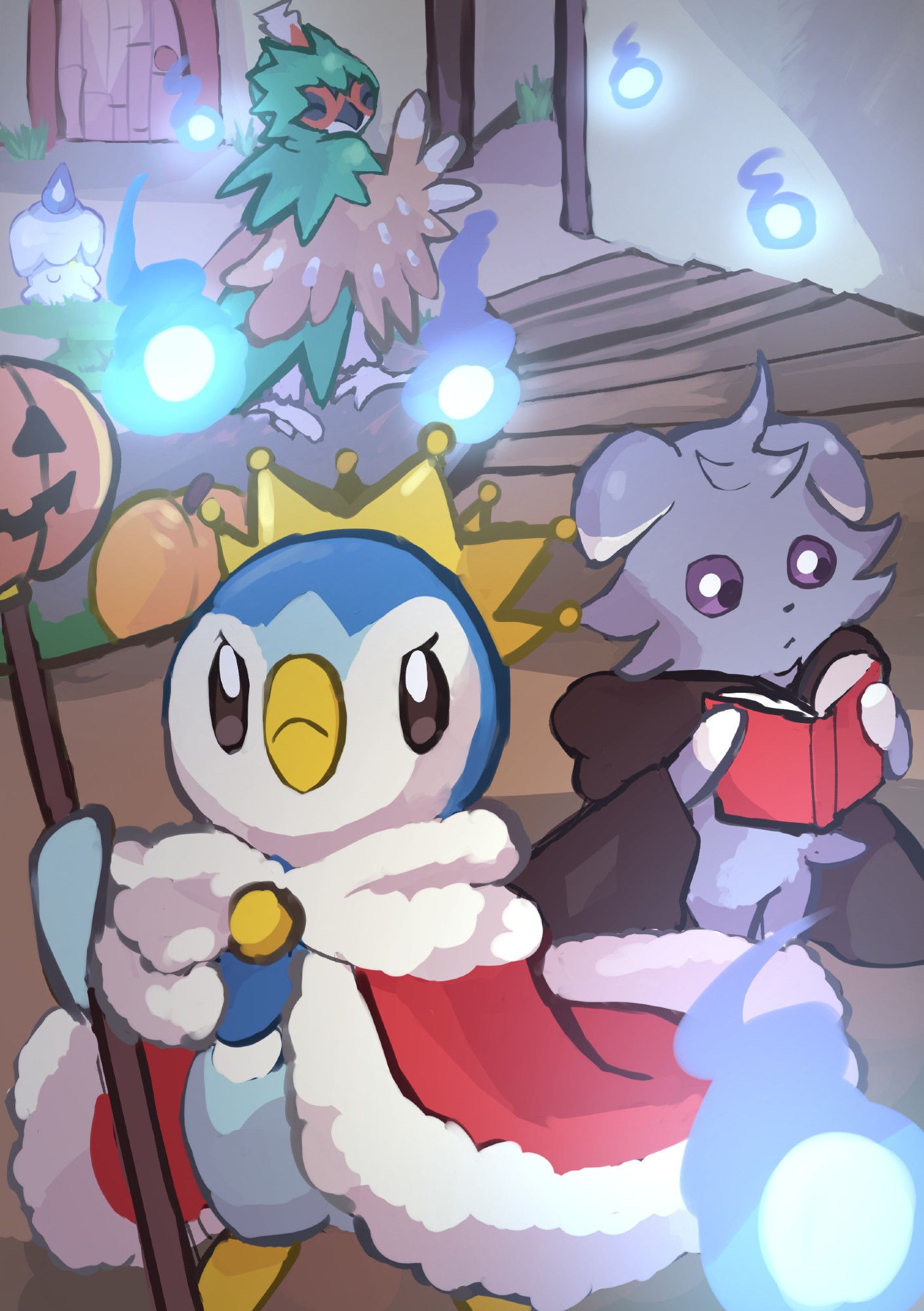 Digitally drawn image of a Piplup wearing a fur-trimmed red cape and a crown, holding a staff with a jack-o-lantern face on it. Accompanying the Piplup is an Espurr wearing a dark cloak with a hood, reading a red book. In the background, a Decidueye waves at them, while a Litwick sits nearby. Blue, glwoing will-o-wisps fill the picture.