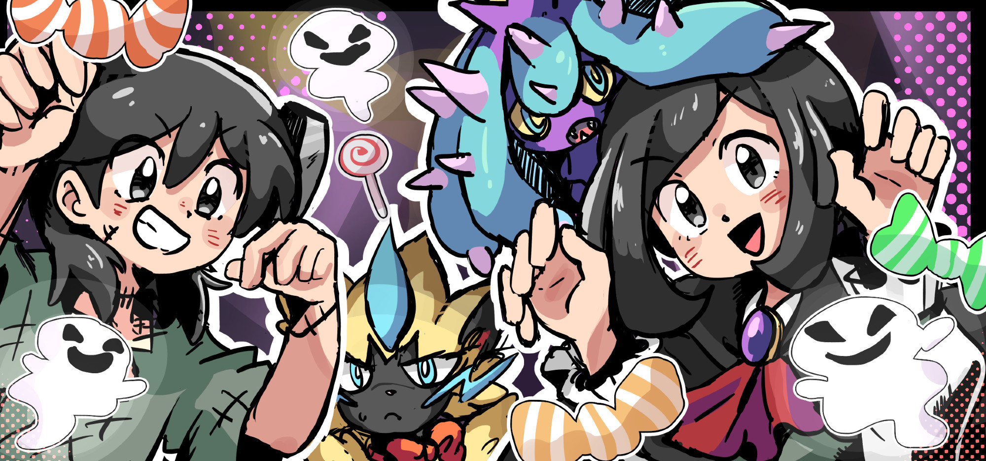 A digitally drawn image of Elio, Zeraora, Mareanie, and Selene in Halloween costumes. Wrapped up candies and little ghostly spirits are scattered across the foreground.