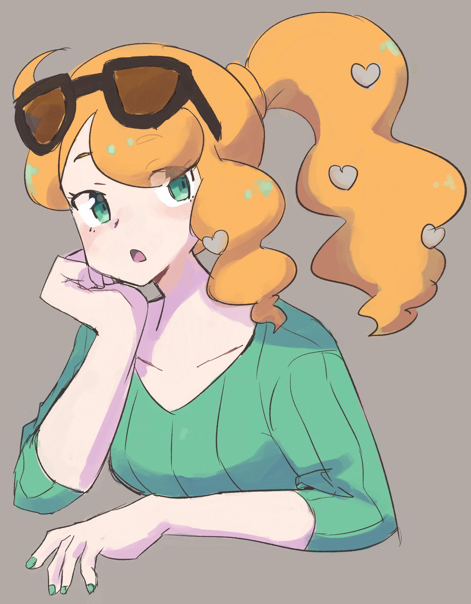 A digitally drawn image of Sonia from Pokemon Sword & Shield, on a grayish brown background. Sonia is resting her chin in her right hand, looking off somewhere.