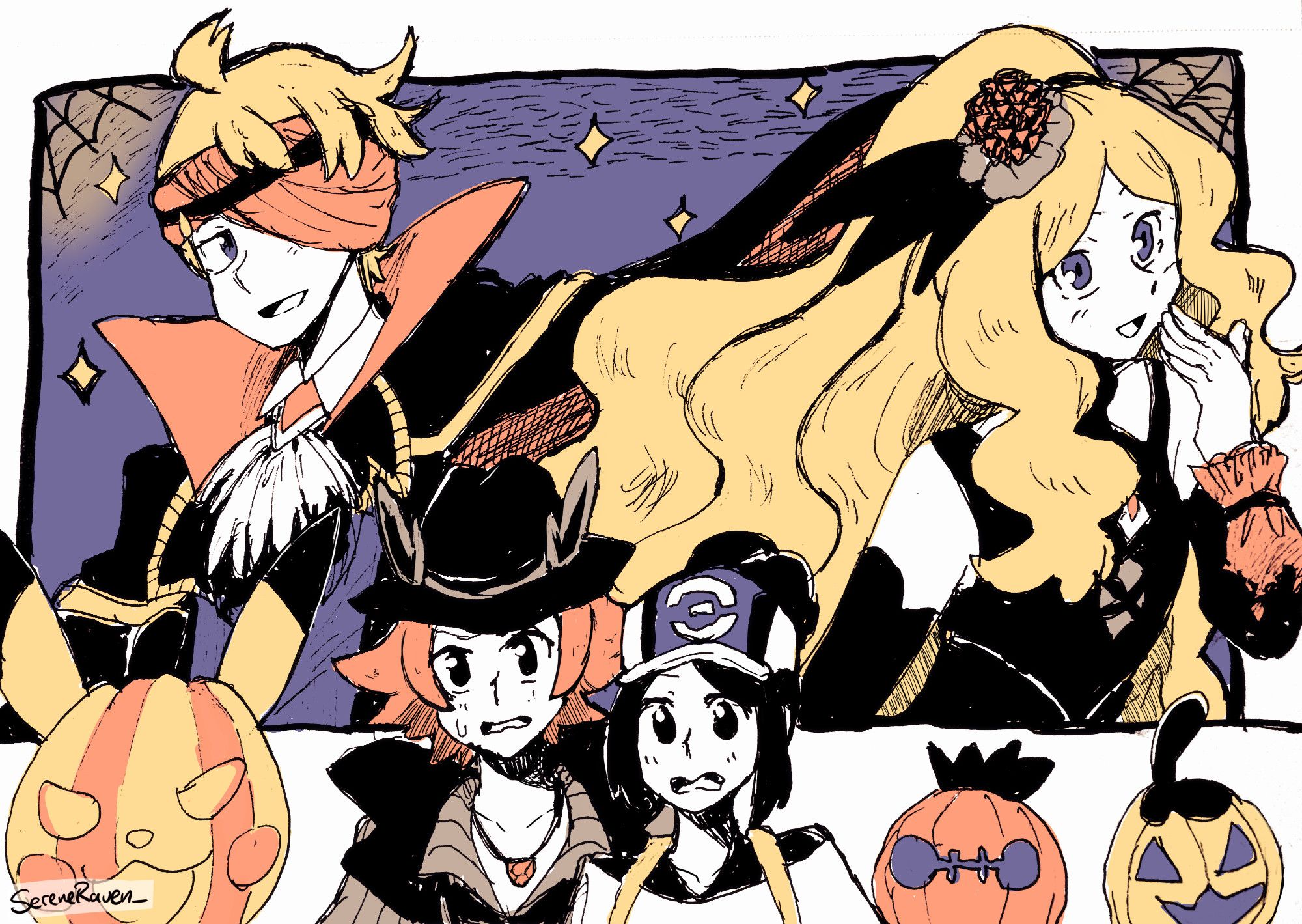 Digitally colored art in a limited color palette (yellow, purple, black, and orange) of Morty and Caitlin in their autumn seasonal costumes. In the foreground, out of the frame of those two, Hilbert in his seasonal costume, and Bettie, look apprehensive. There are jack-o-lanterns outside of the frame of Morty and Caitlin as well.