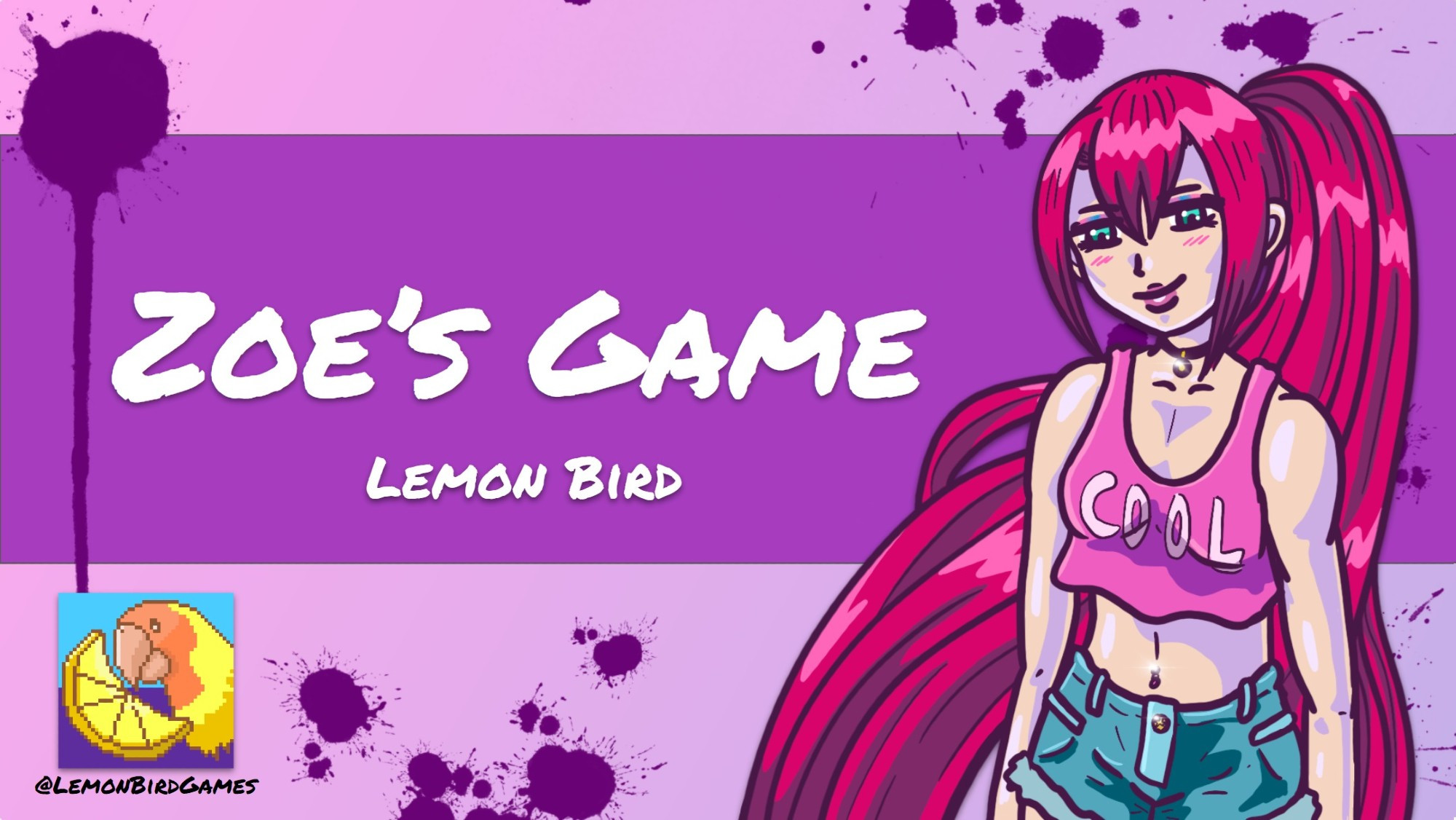 Image of the title of the game, the logo of Lemon Bird (a yellow lovebird and a lemon slice) and Zoe, one of the characters of the game, who is a tall girl with very long red hair, a pink top and short jeans. On the background there are purple stains.