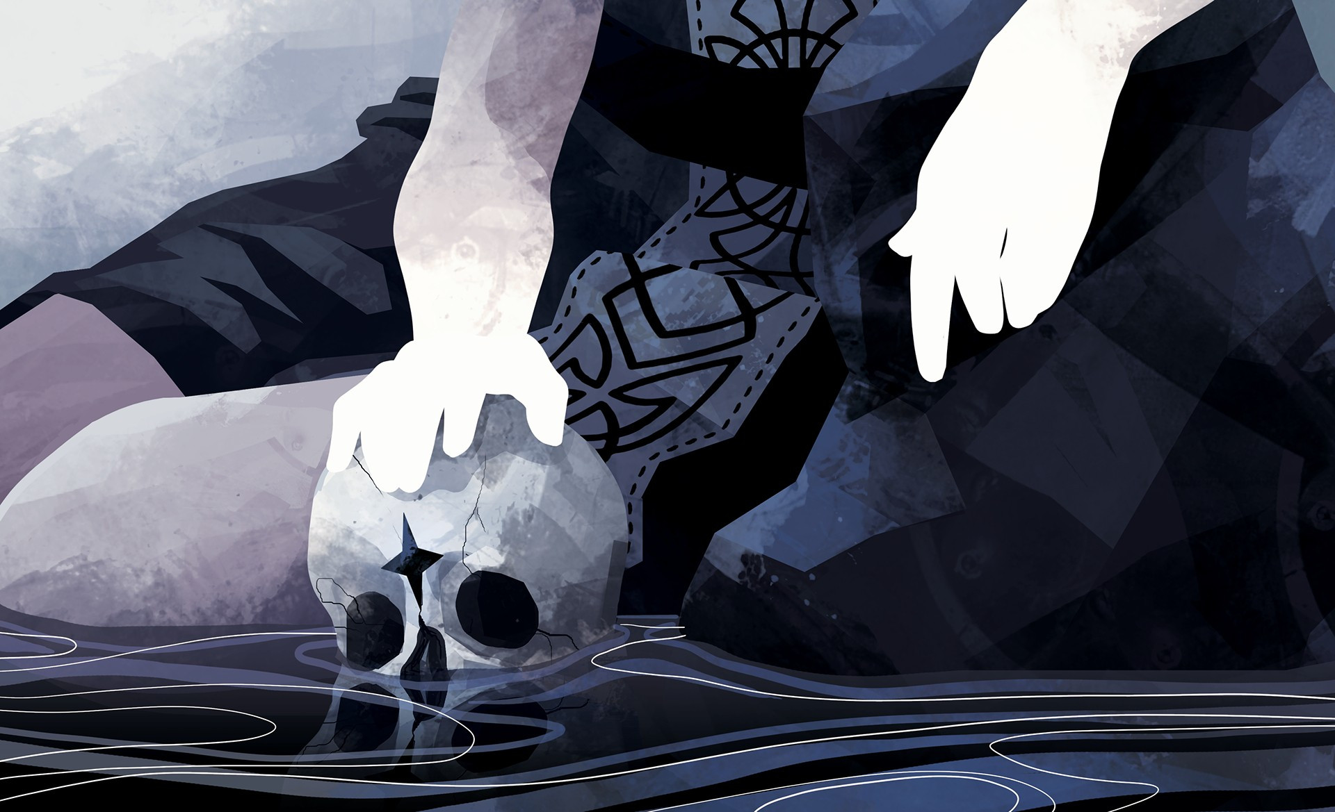 The Lady of the Lake rests her hands on a skull of a false king she drowned. 