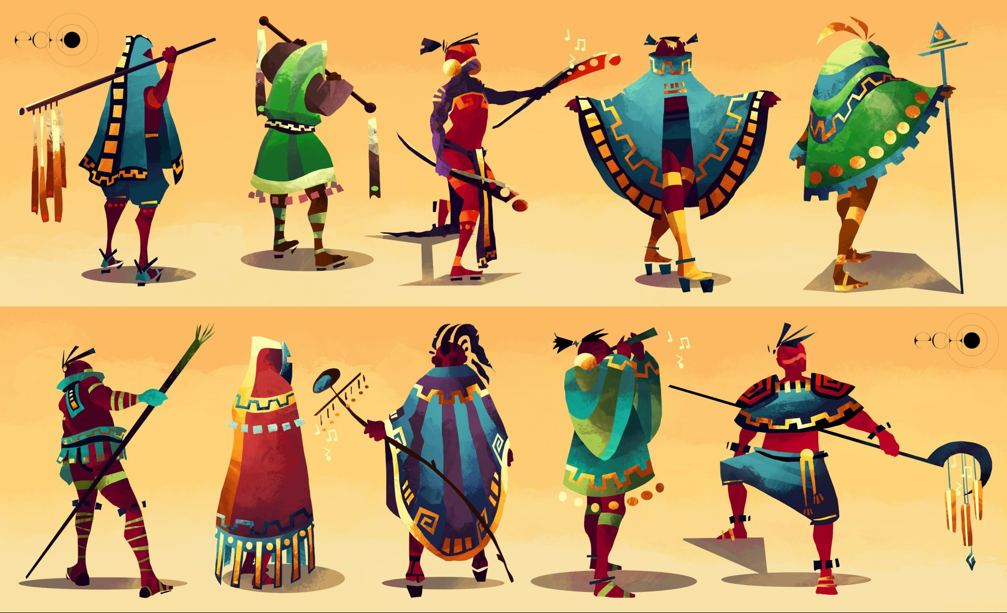 A collection of colourful NPC concepts. Each character holds some sort of musical instrument. 