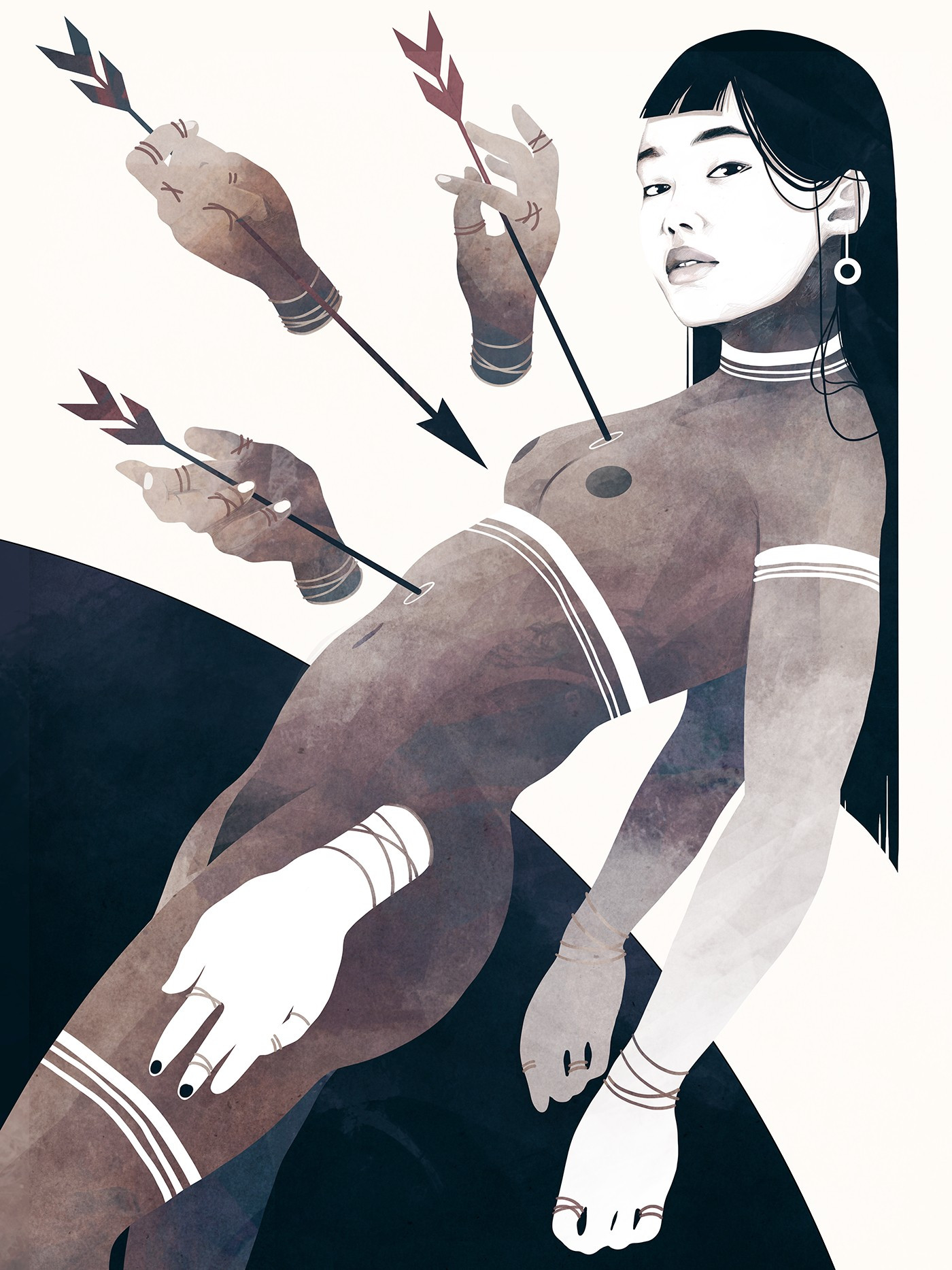 An illustration of a woman with six hands holding several arrows that have pierced her chest. Four of the hands are disembodied and not attached to her arms.