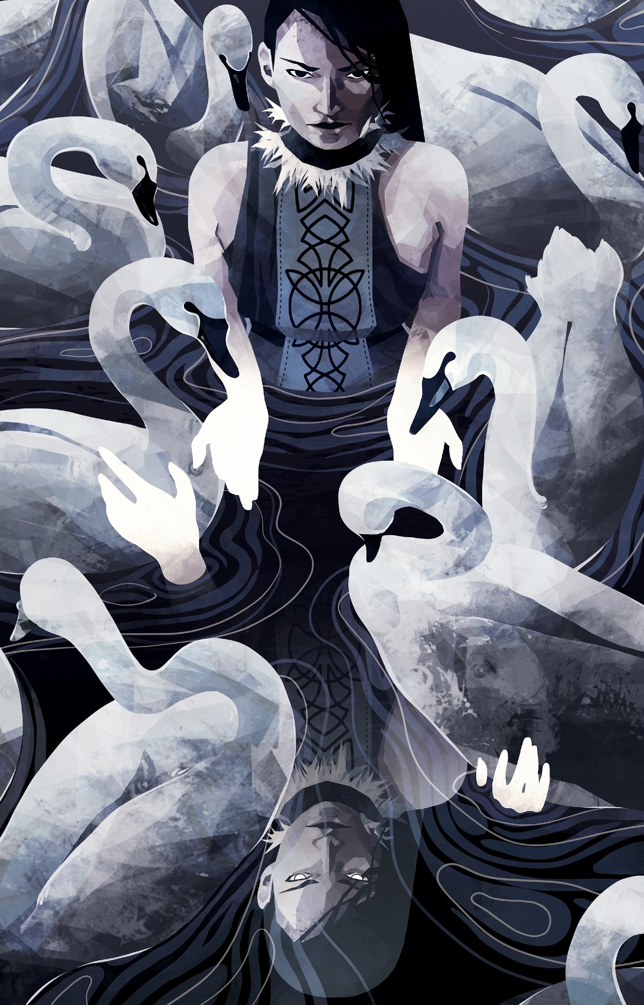 A blue and white illustration of a woman standing in water surrounded by swans. There is a reflection of her in the water beneath her, but the reflection has glowing eyes and her hands are reaching out of the water to strangle false kings. 