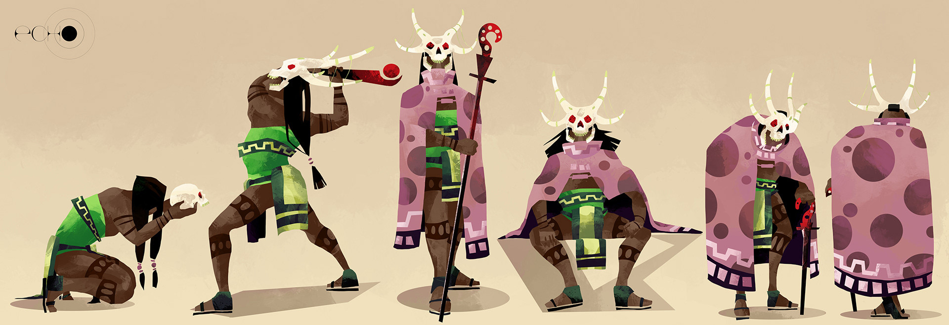 A collection of concepts for one of the enemies through various stages of aging. Colours are based on poison (green and purple) and the character is wearing a skull mask. 