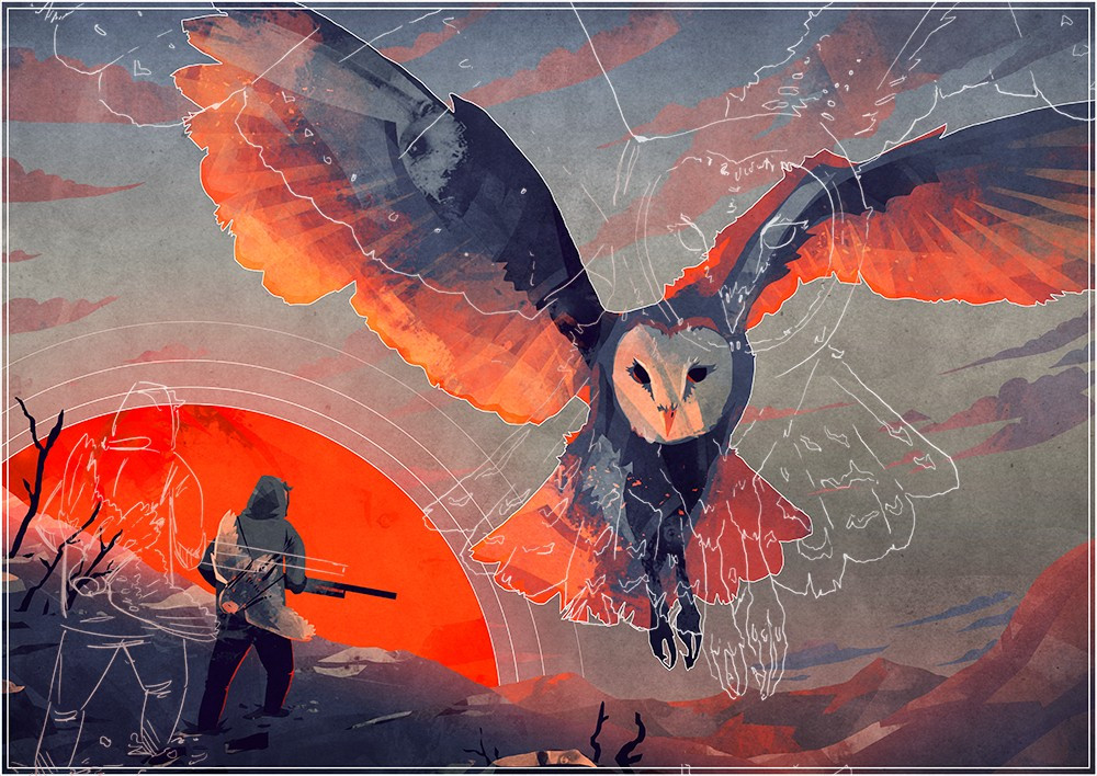 A hunter stands on a snowy hill. There is a corpse of an owl on his back and he is holding a gun. In the distance, a giant owl spirit returns to hunt the hunter who killed them. 