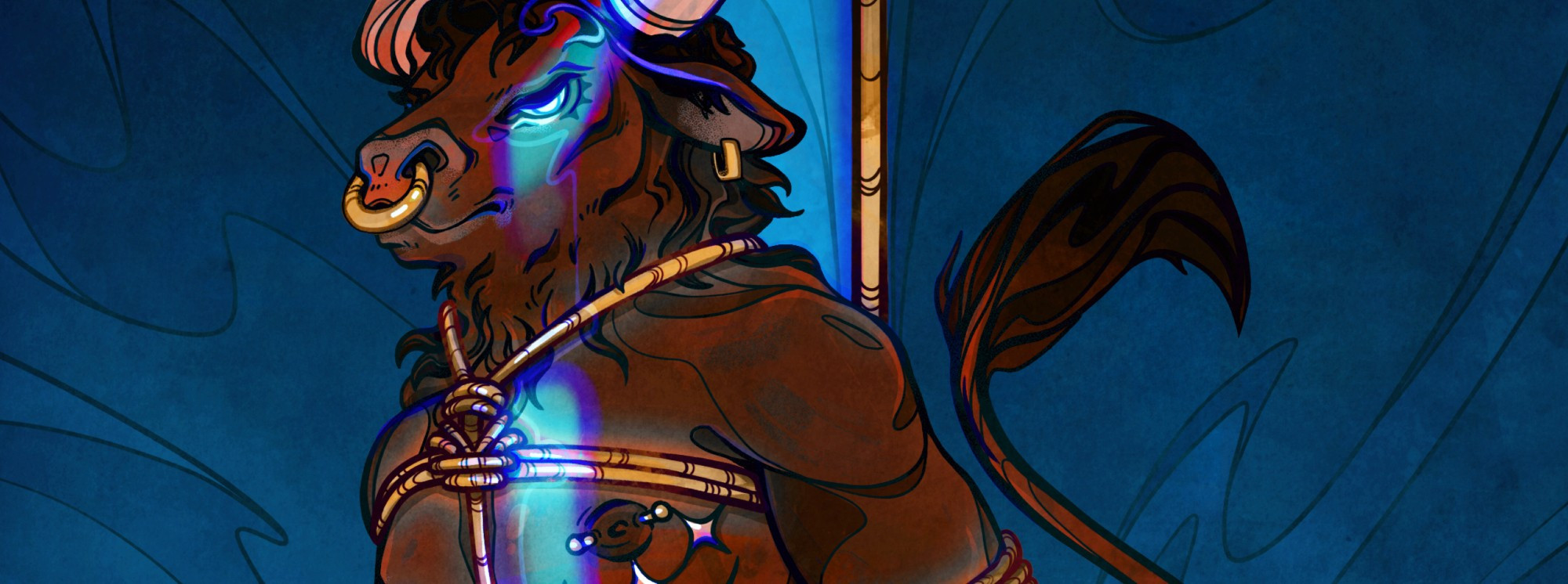 A small section of a larger piece of art. There is a reddish-brown minotaur with blue light on his face. He is tied up in golden Shibari rope.