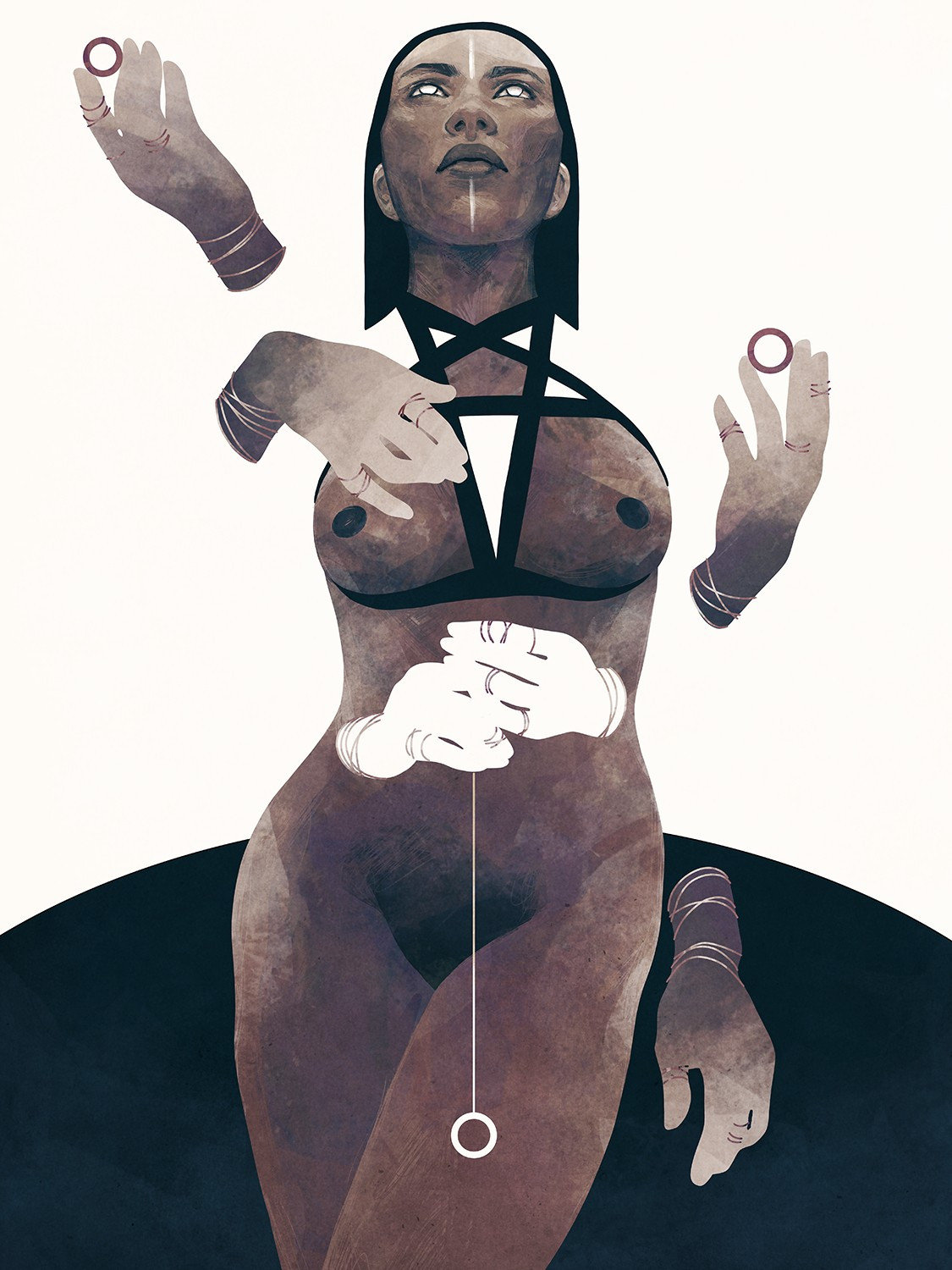 An illustration of a woman with six arms holding onto three rings. None of the hands are attached to arms, and she is looking upward with a star shaped top on her chest.