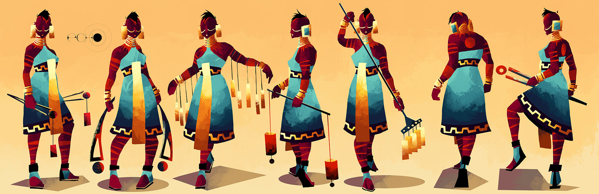 Concepts for one of the playable characters. She is wearing blue and gold and wielding a collection of instruments. 