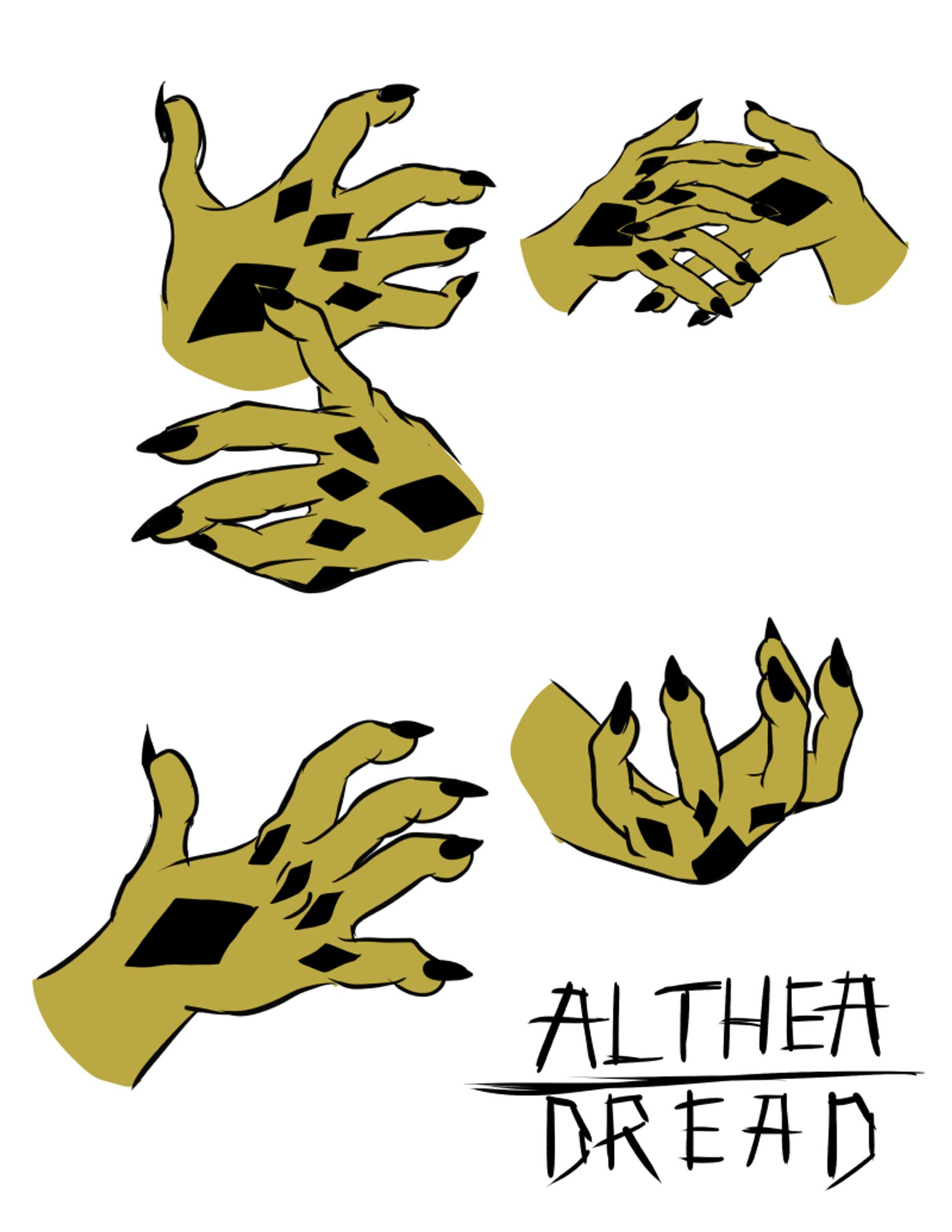 A series of gestural sketches of a clawed yellow hand of an inhuman character