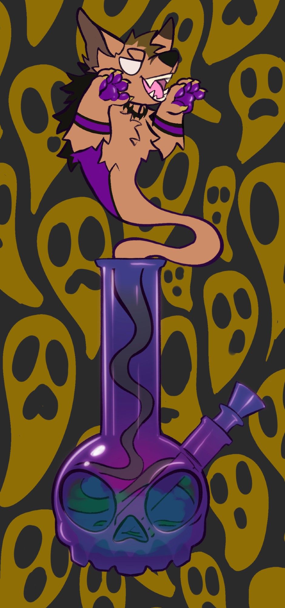 A skull-shaped bong with a ghostly form of Anubis Amethyst swirling out the top, on a background of black and gold ghosts.