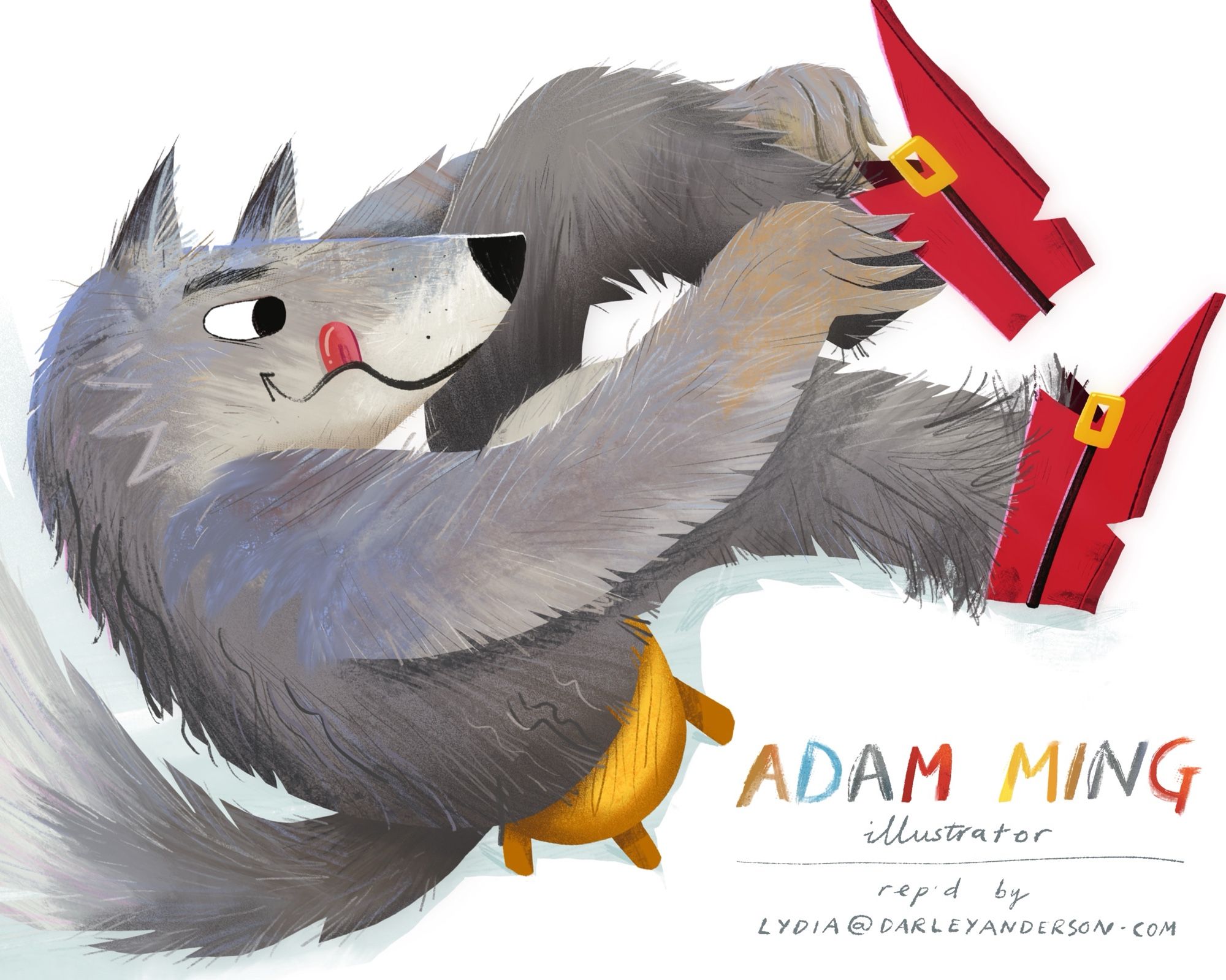 An illustration by Adam Ming of the big bad wolf for a children’s picturebook, fun and full of comic energy