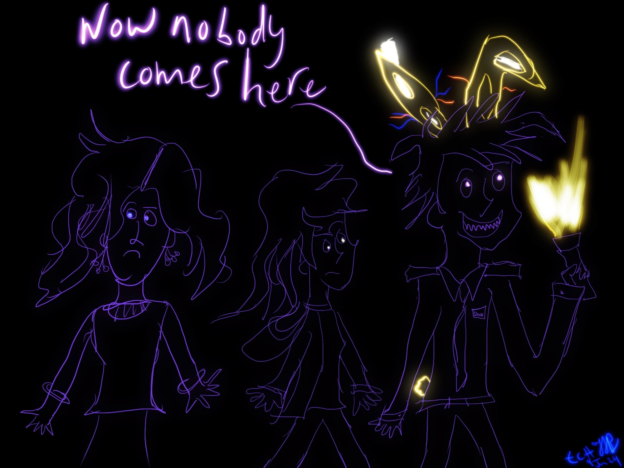 Dark purple line art of Jessica, Charlie and Afton as Dave. They all have glowing eyes. Afton is saying "Now nobody comes here". He's holding a glowing flashlight upward. He has outlines of glowing, yellow rabbit ears with wires on his head and has a tail. 