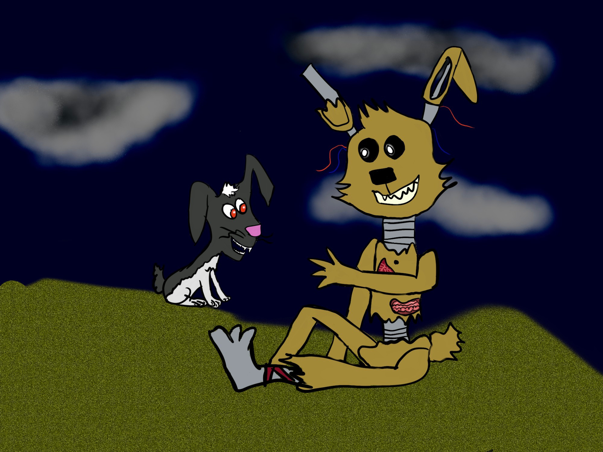 A dark cloudy sky and Bunnicula the rabbit and Springtrap sitting together.