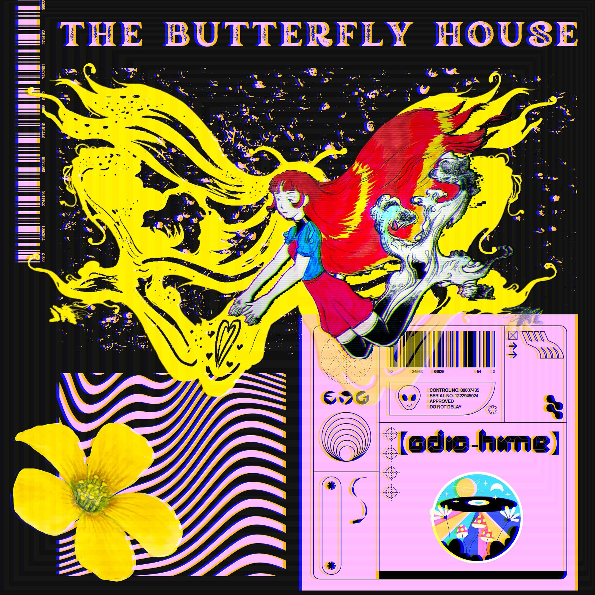 Album artwork for The Butterfly House by Odio-hime, featuring a girl with ghostly legs in front of a giant, semi-abstract butterfly on a space background, plus a flower in the bottom left corner