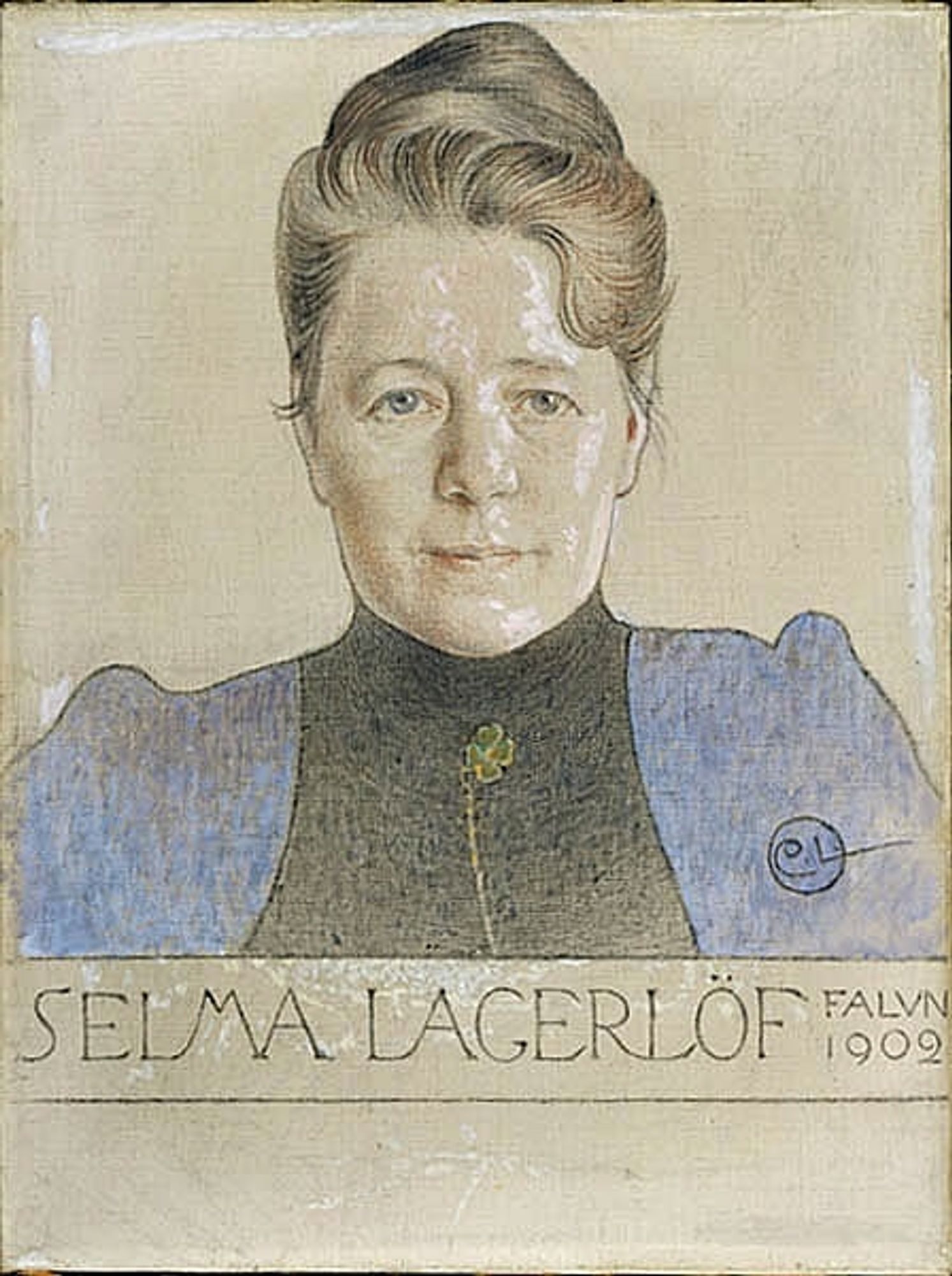 This portrait of Selma Lagerlöf was commissioned by Frithiof Hellberg, editor of Idun. When Lagerlöf, as the first woman, took her seat in the Swedish Academy in 1914, this portrait was printed on its cover. It is one of many friend and author portraits executed in the same style – with black chalk contours and light colouring with a sparing use of oil paint. Selma Lagerlöf and Carl Larsson liked each other – and she supported him following August Strindberg’s attack on him in A New Blue Book in 1908.