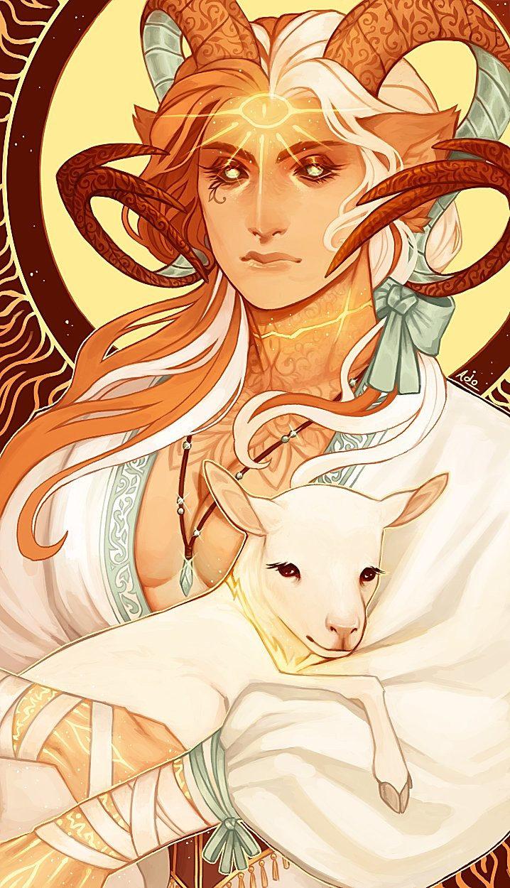 Illustration of Lazarus, a forlarren dnd oc, holding a lamb in his arms. The lamb's neck is sliced open, glowing with a golden light, mirroring the wound around Lazarus's neck. 