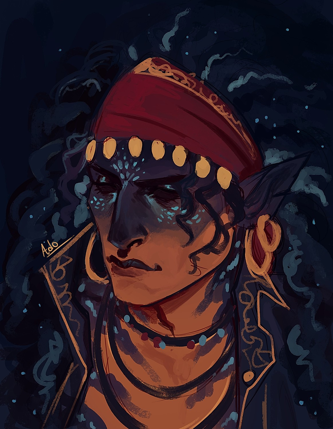 headshot of a masculine pirate oc in dark blue, saturated tan and red colors