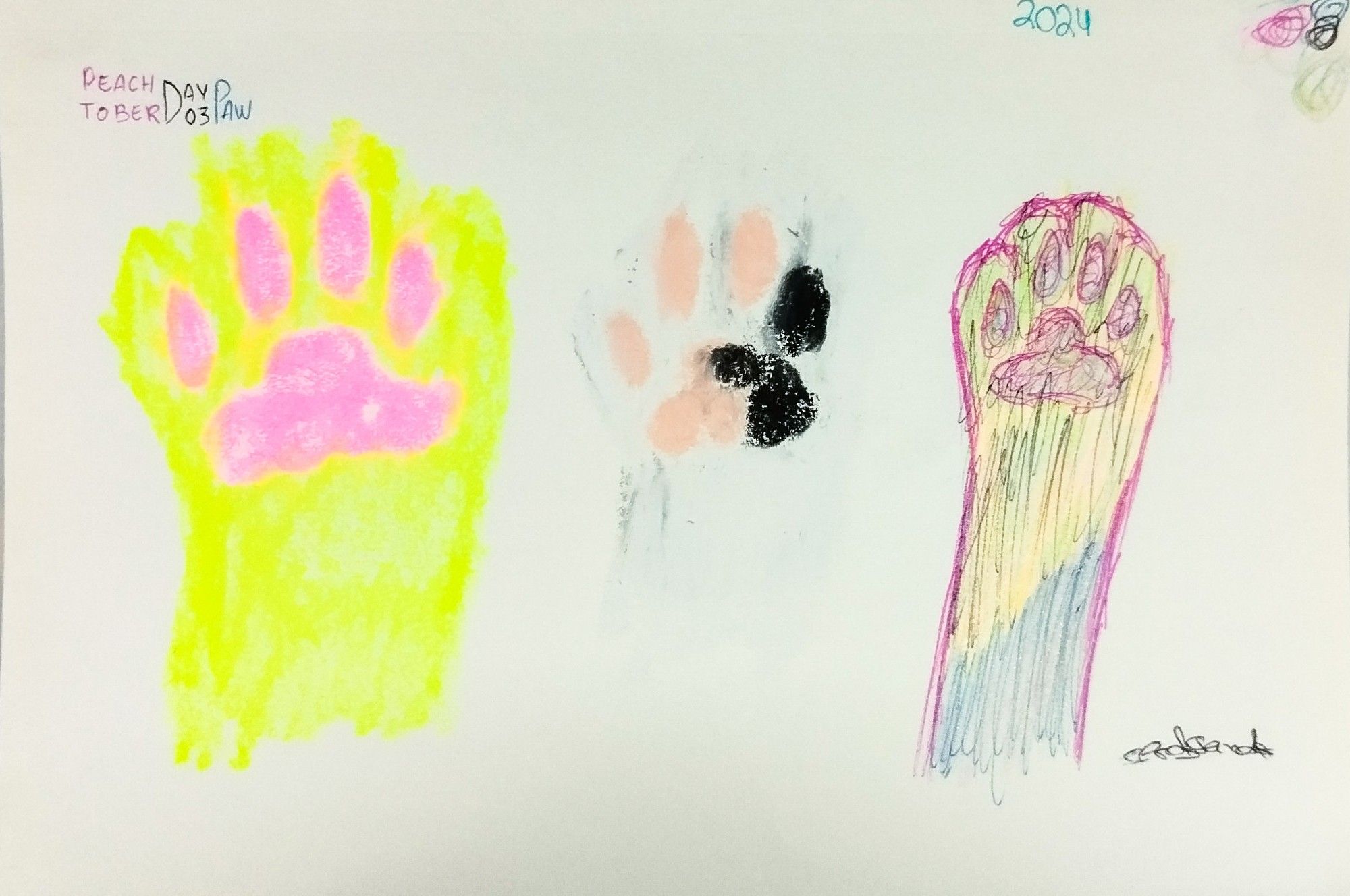 three drawing of paws, side by side. not realistic at all, just simple forms of cat paws.
the first is bigger, neon pink for the beans, neon yellow for the fur.
middle one way skinnier, with light pink and black for the beans, white for the fur.
the last one looks bad hahahhaah the fur is a mix of yellow and gray? then the lines are done with pink pen. it went wrong hahahahah