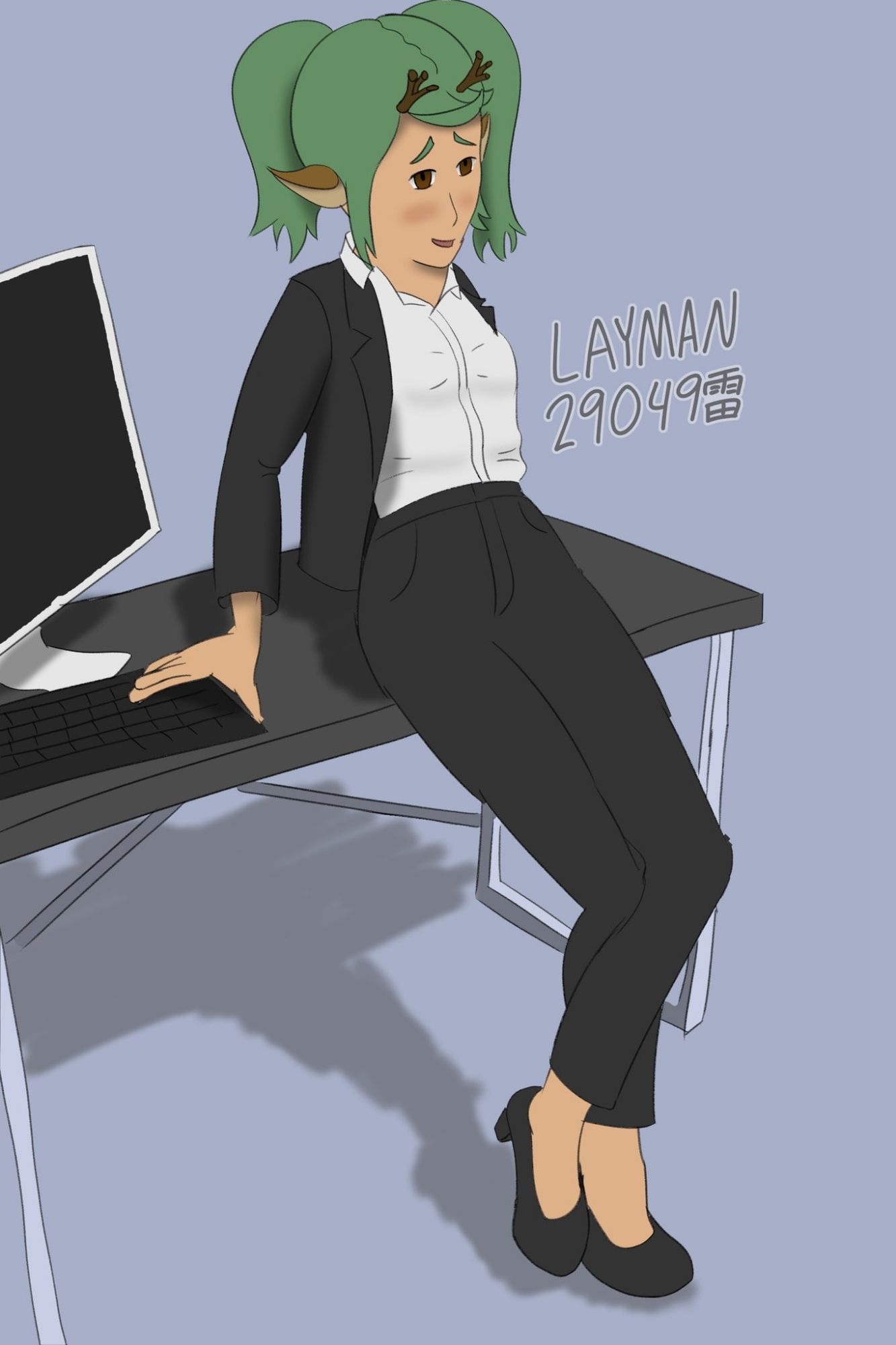 Original character named Jane Doe is wearing a blazer and slacks, leaning on an office desk. She has a happy expression and is blushing slightly.