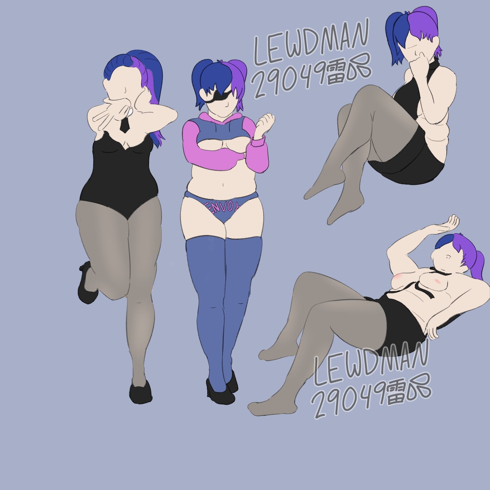 Multiple outfits for Miranda. 1. Black bunny suit with sheer stockings and black heels, hair is in a single ponytail. 2. A very short blue and magenta hoodie, a blue thong that say ENVOY, blue leggings, and black heels. 3. Virgin killer sweater with sheer stockings. 4. Virgin killer sweater worn in reverse and sheer stockings.