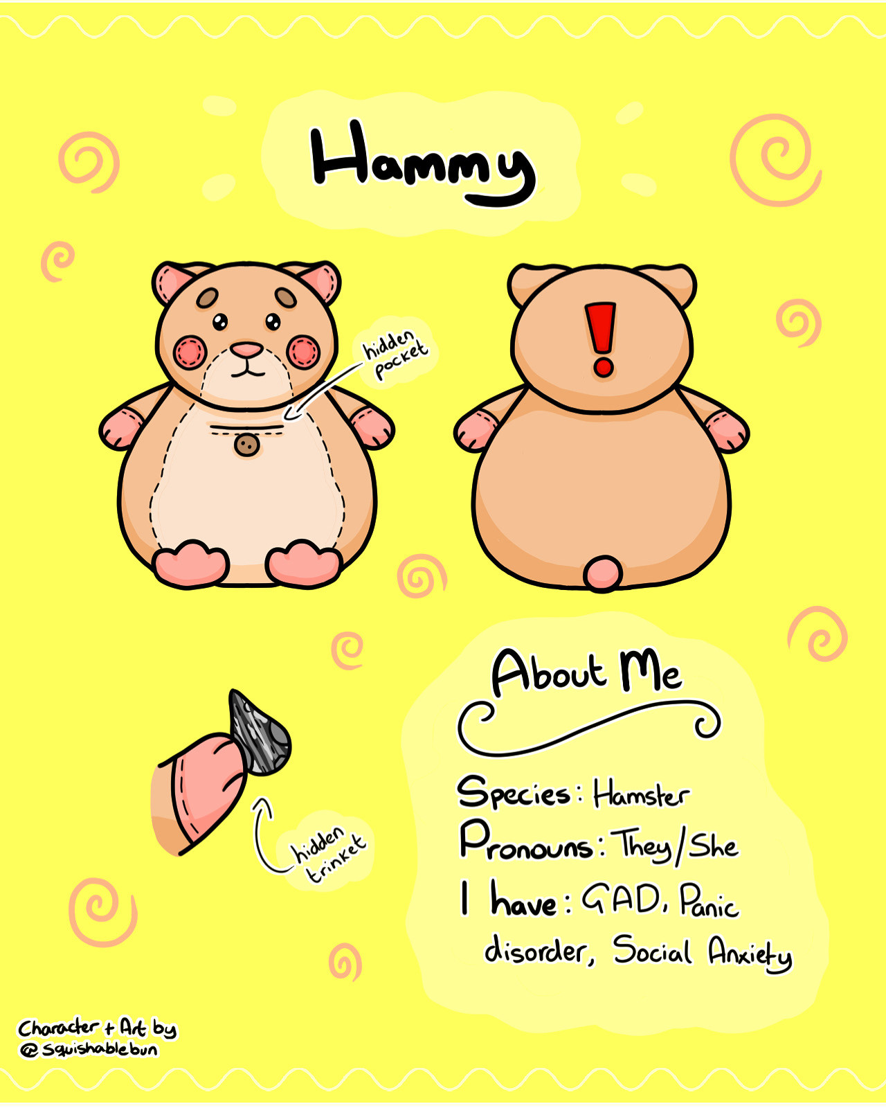 A graphic character sheet that introduces the newest Floofy Friend, Hammy! They are a hamster, with pronouns of they or she, and is diagnosed with generalized anxiety disorder, panic disorder and social anxiety. Their hidden trinket is a sunflower seed! 