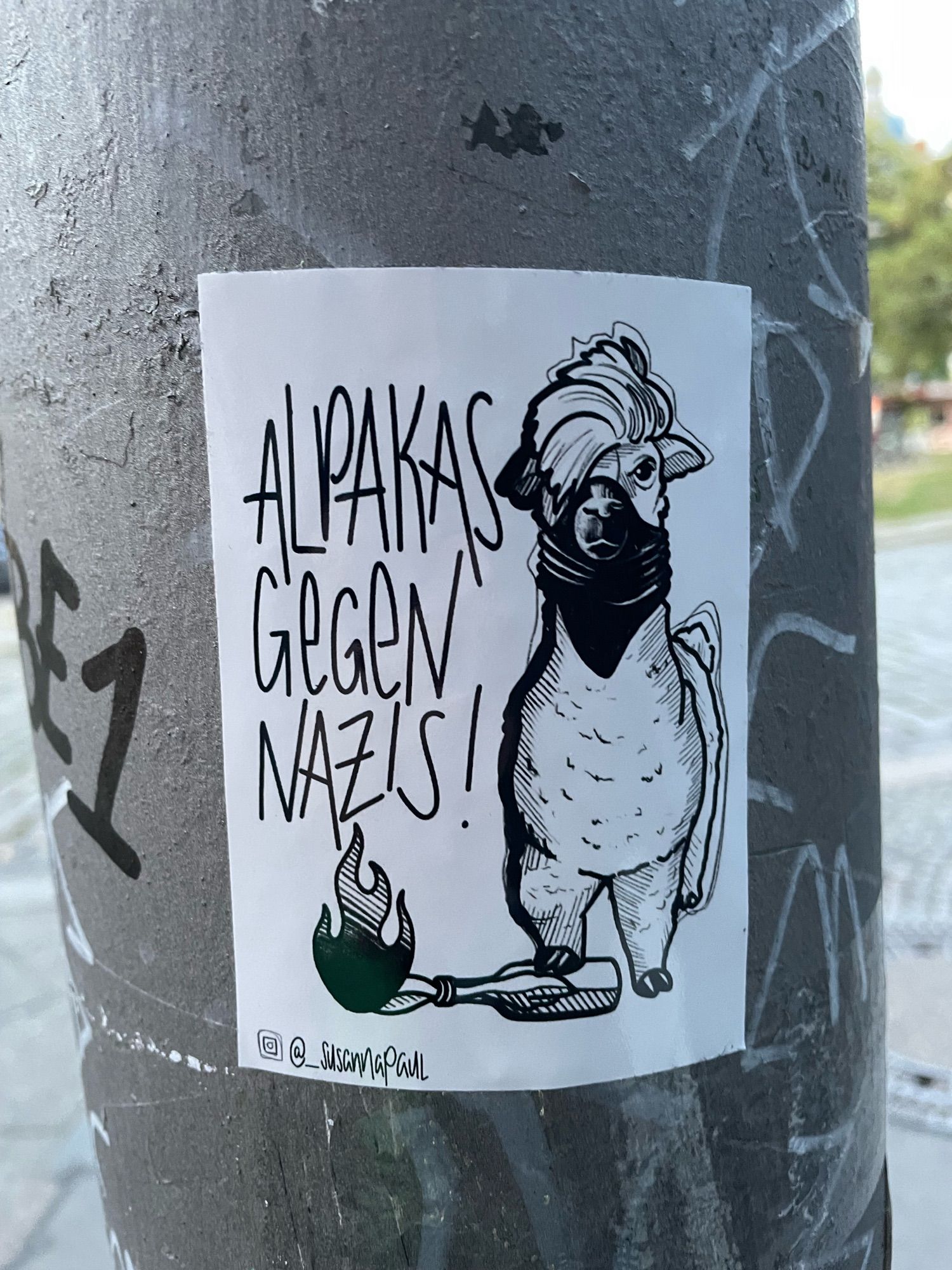 Ein Sticker an einem Laternenpfahl mit einem gezeichnetem Alpaka, links neben dem Alpaka steht „Alpakas gegen Nazis“