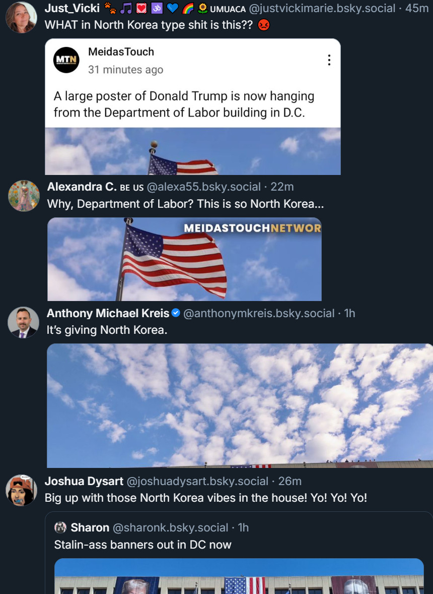 A bunch of liberals pretending that an American president feeding American fascism is somehow reminiscent of North Korea instead of the United States of America.