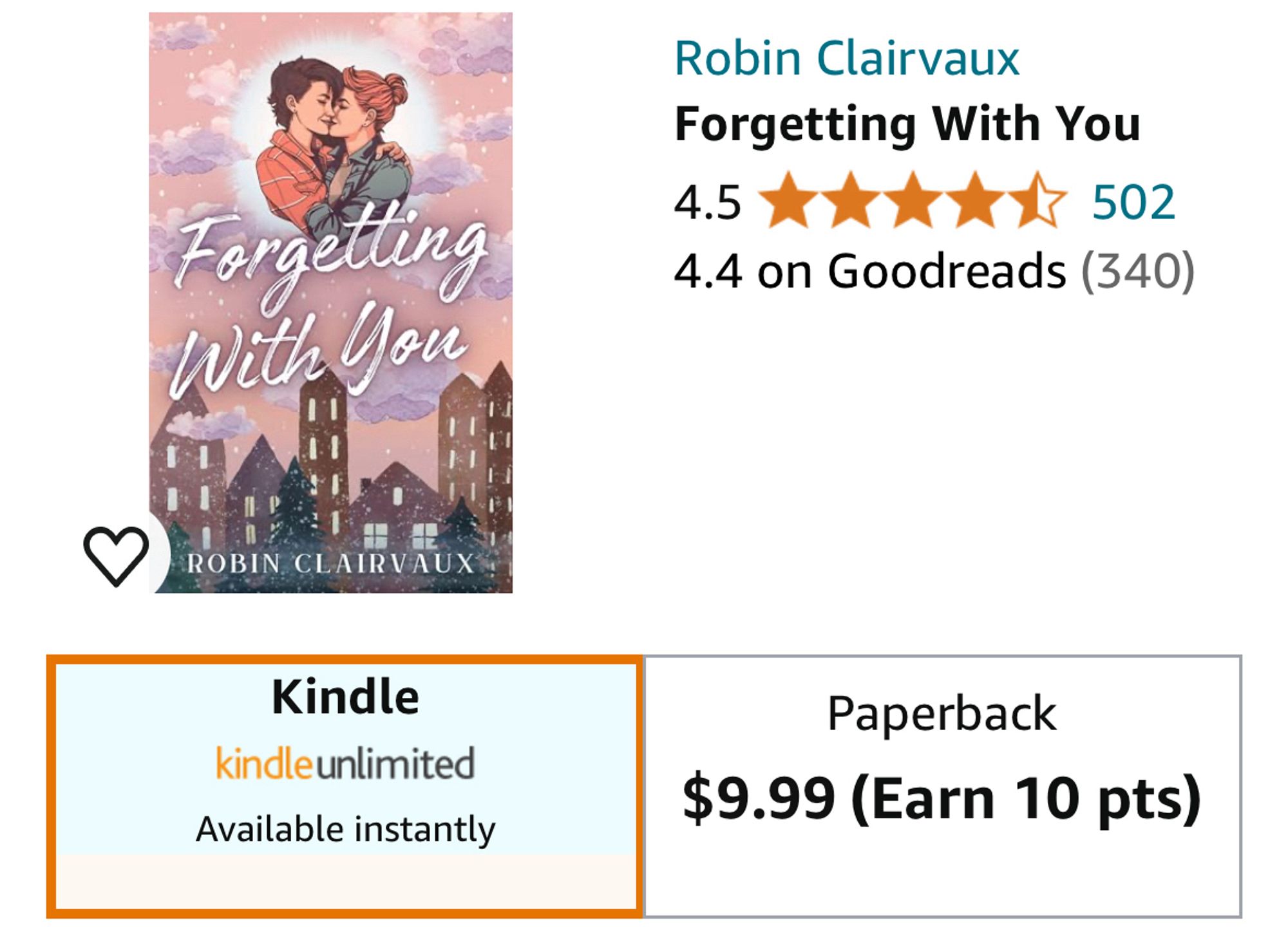 Screenshot of Amazon book page for Forgetting with You by Robin Clairvaux, which shows 502 star ratings