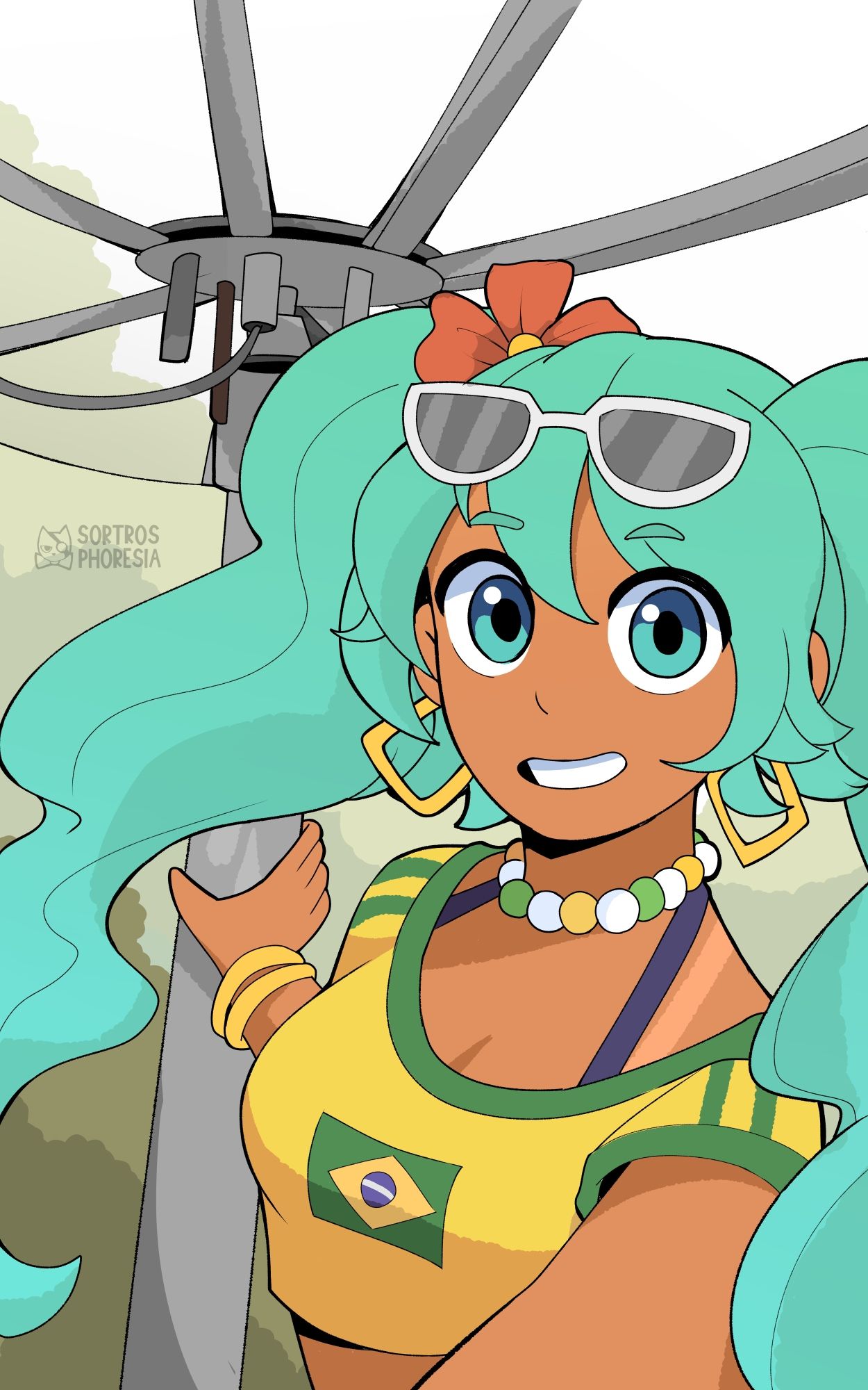 Desenho da Hatsune Miku brasileira ao lado de uma antena parabólica, Referenciando o meme da Monica Trintin.