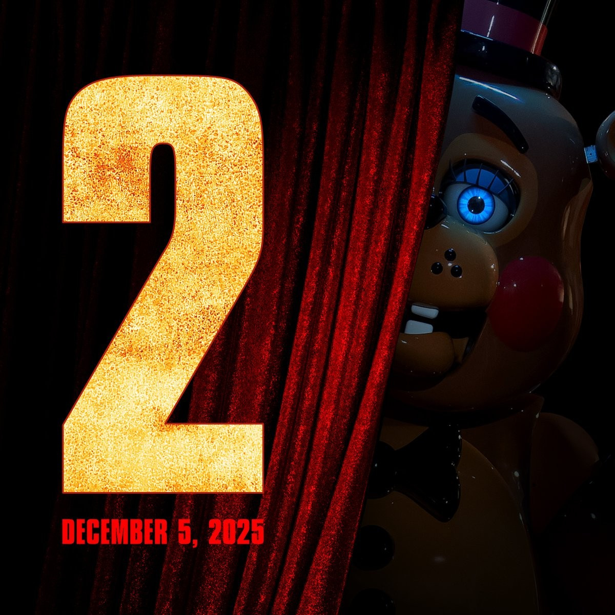 Toy Freddy emerging from behind a curtain, Release date December 5th, 2025.