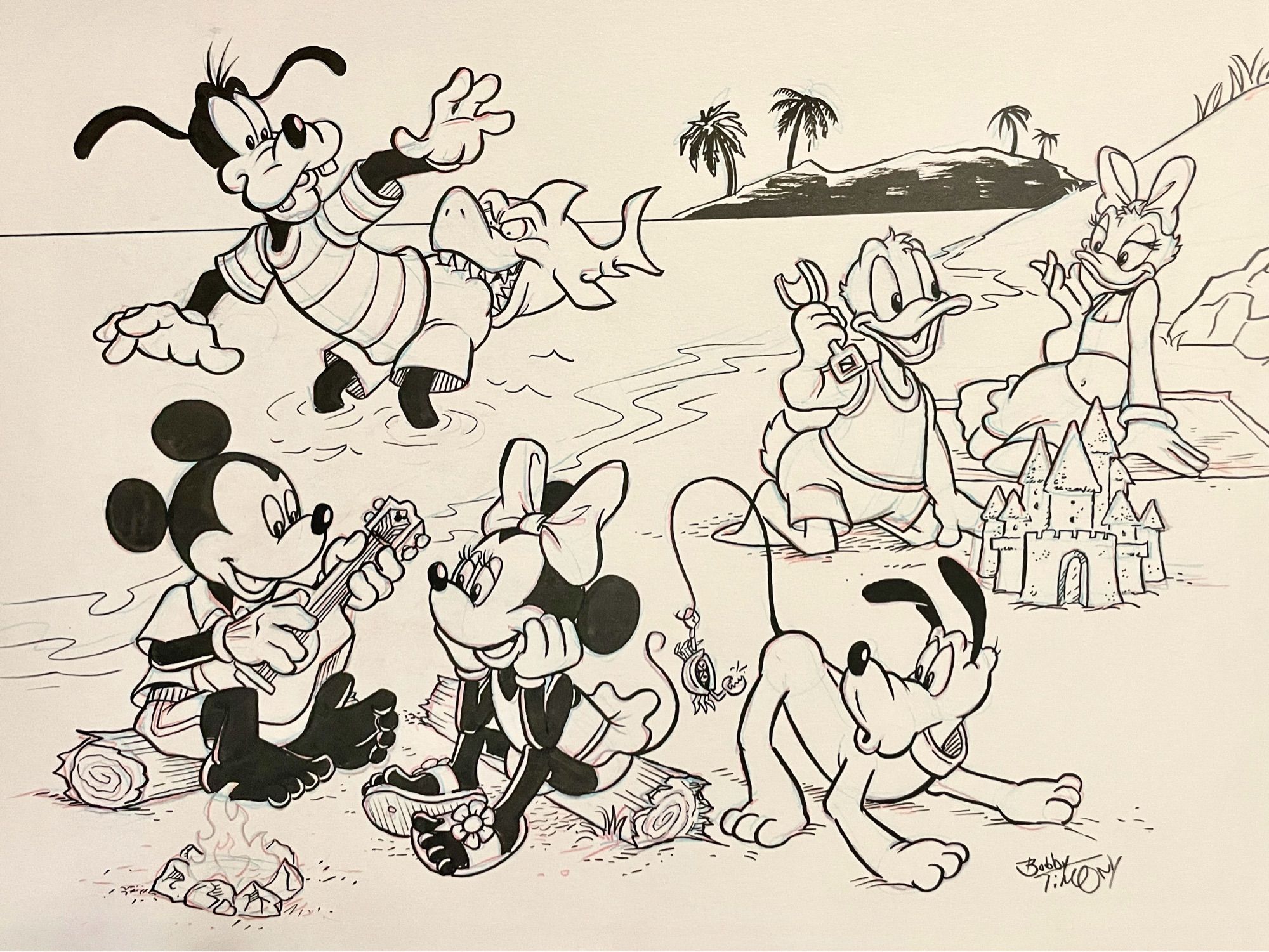 A drawing of Mickey, Minnie, Donald, Daisy, Goofy and Pluto enjoying a day at the beach.