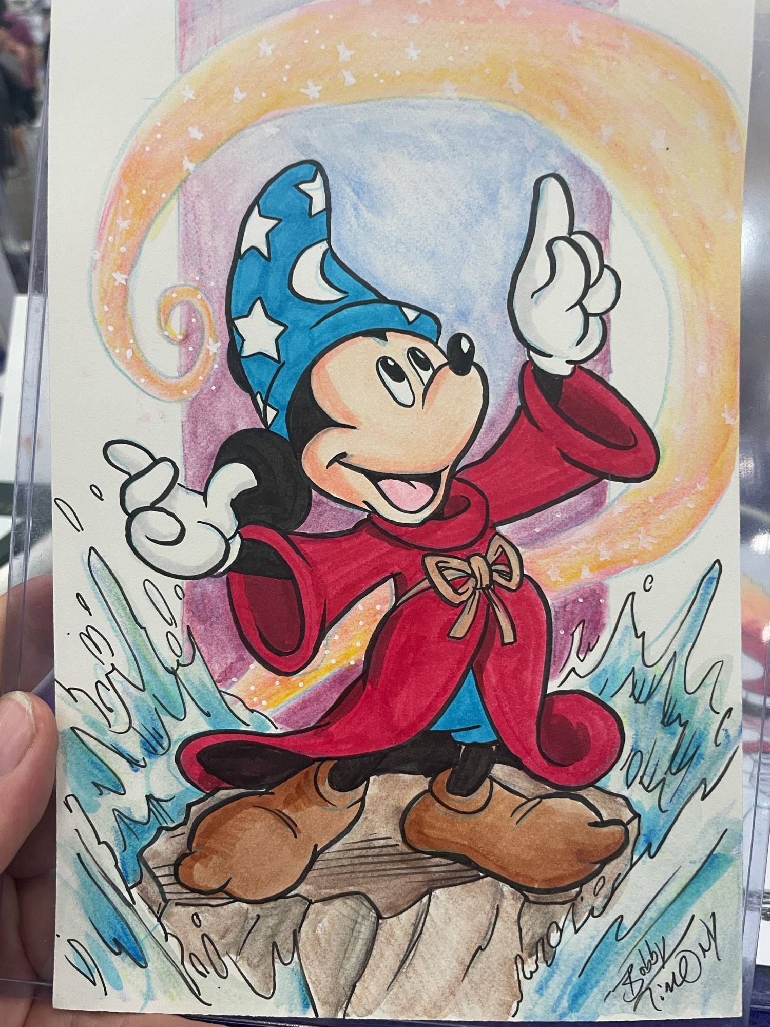 A drawing of Sorcerer Mickey wielding his magic by Bobby Timony. Pencil, ink, watercolor and Magic Marker!