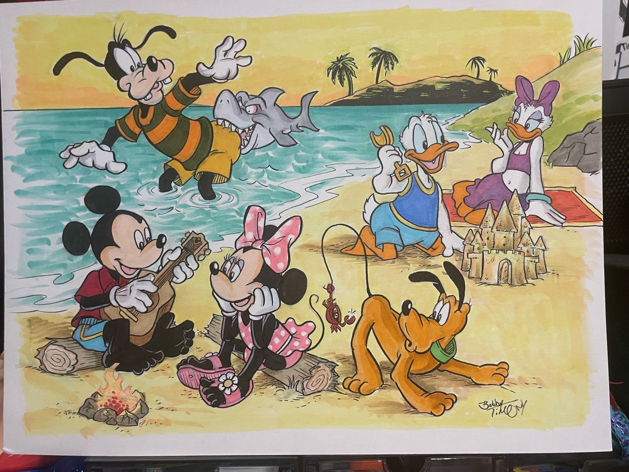 A pencil and ink drawing, colored with markers, of Mickey, Minnie, Donald, Daisy, Pluto and Goofy enjoying a day at the beach.