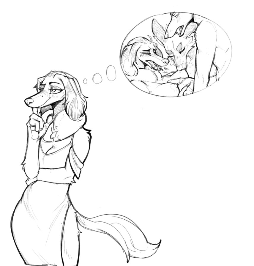 A sketch of Sherry looking flustered, fantasizing about having sex with Azimuth and Armistice.