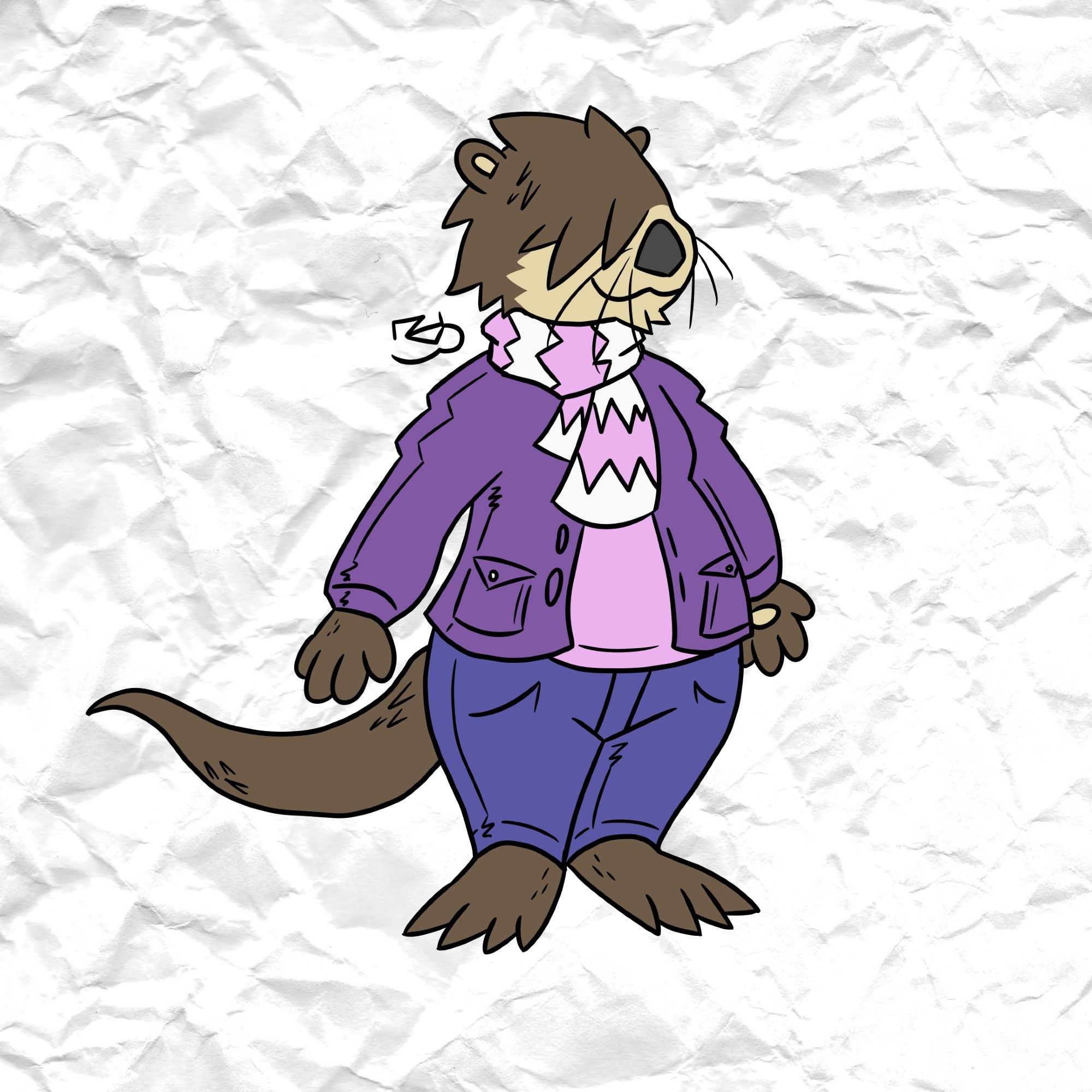 Cartoon drawing of an anthropomorphic bottom-heavy sea otter with tufts of fur covering his eyes. He is wearing an outfit loosely color-coded to the bisexual pride flag, with a pink scarf/shirt, a purple cardigan, and a pair of blue jeans.