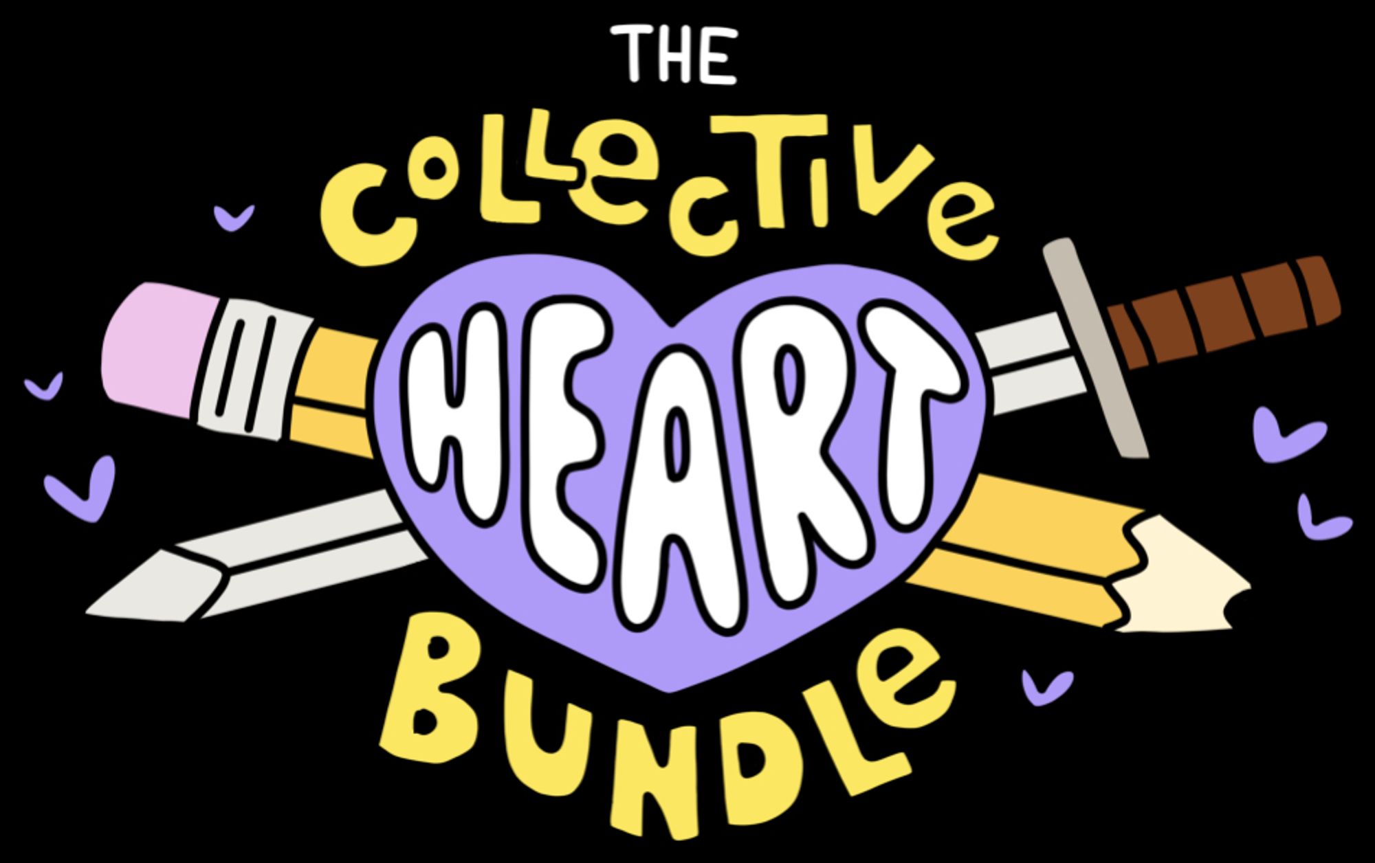 Logo reading the collective heart bundle, featuring a heart on top of a crossed sword and pencil