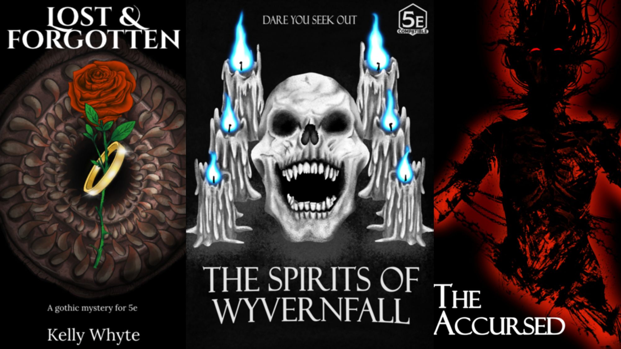 Three covers from the Halloween sale. L to R: Lost & Forgotten, The Spirits of Wyvernfall, and The Accursed.