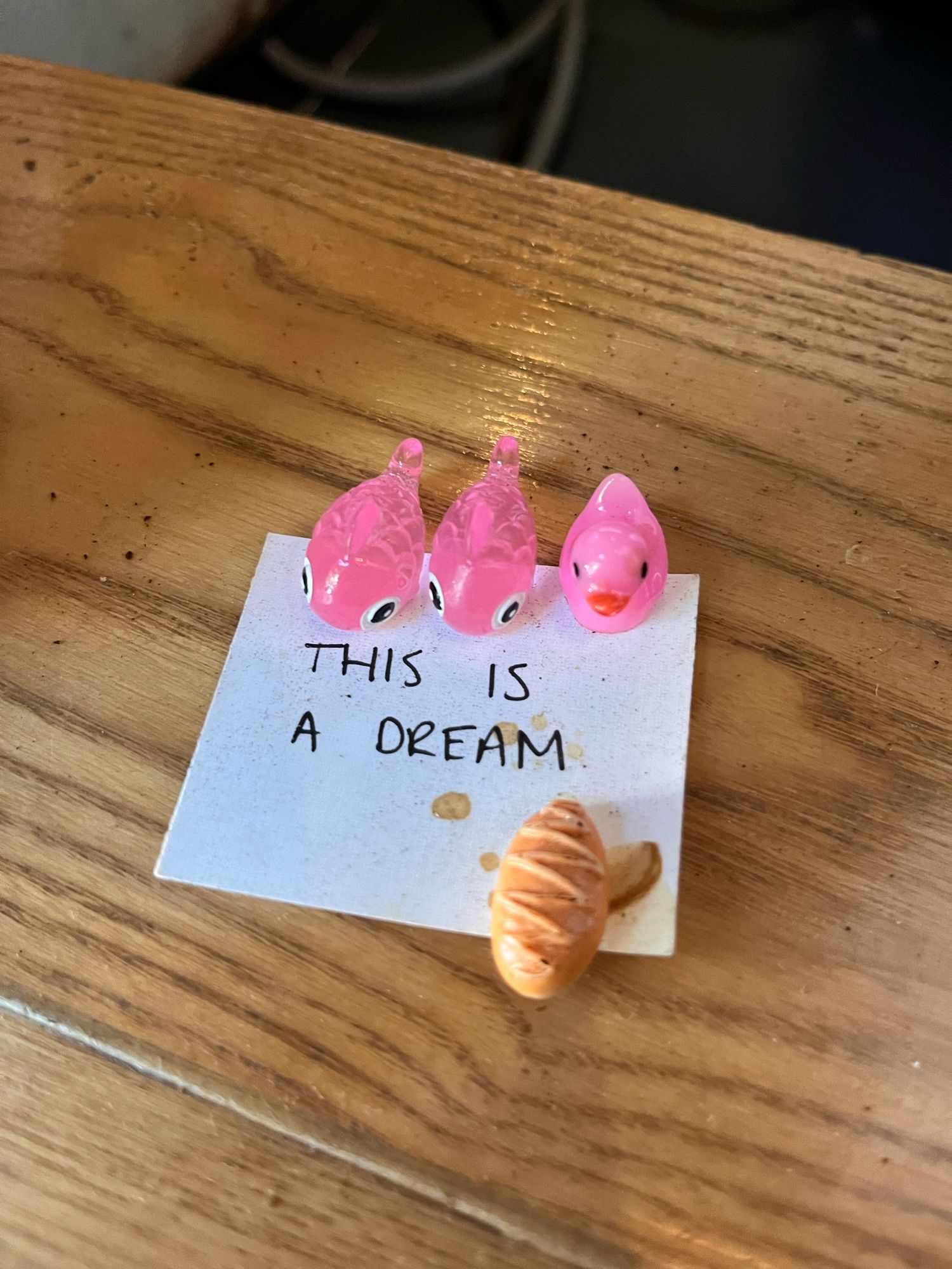 Two small translucent pink plastic fish and a similar pink plastic duck sit atop a small square piece of white paper that says in all-caps “THIS IS A DREAM.” The paper has stains from coffee droplets, and at the bottom of the paper sits a small plastic bread with a zig-zag stripe of icing on top, with a real sliver of almond laying next to it.