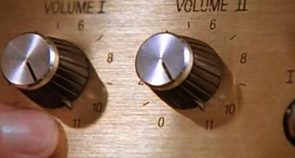 Two knobs of an amplifier used for bands. The highest number they go to is "11.". It's a screenshot from the movie "This is Spinal Tap."