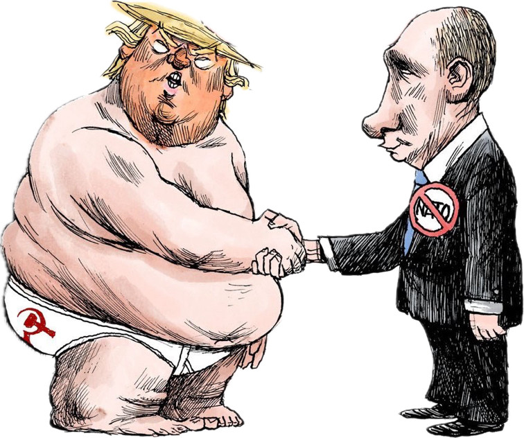 Trump in diapers with sickle and hammer label meeting Putin with anti-NATO patch