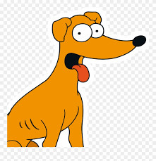 Cartoon Simpsons dog, skinny, alert and with a big tongue sticking out