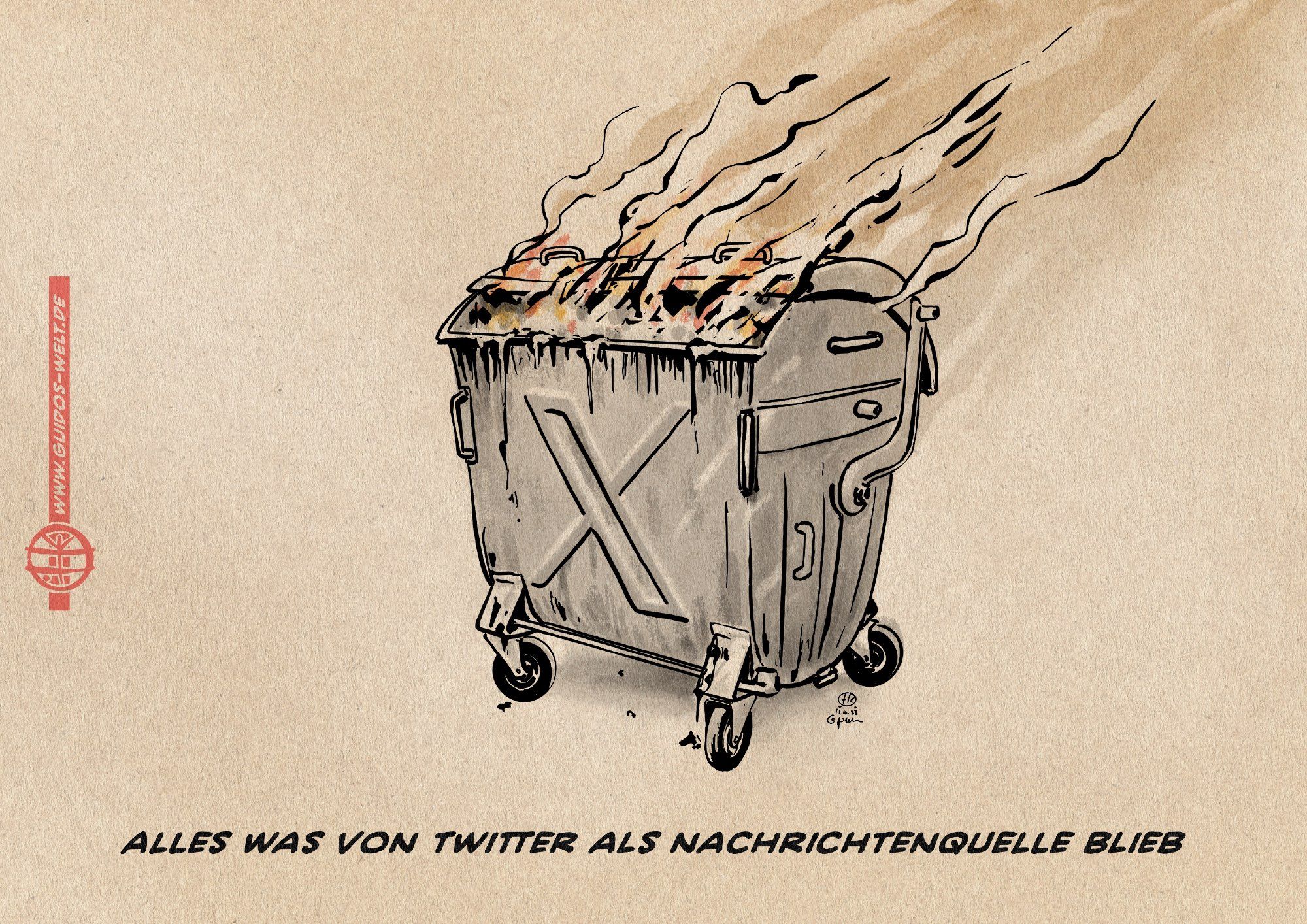 Illustration Ein brennender Rollmüllcontainer mit einem X-Logo an der Vorderseite. Textzeile: Alles, was von Twitter als Nachrichtenquelle blieb.